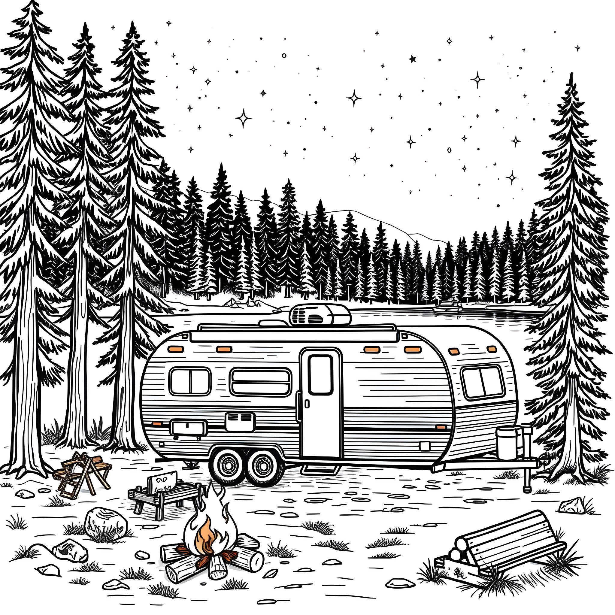 Trailer for a cozy camping adventure in the snowy forest Coloring Page (free black-and-white line drawing printable PDF for all, from beginners to advanced learners, including children, teens, adults, and seniors)