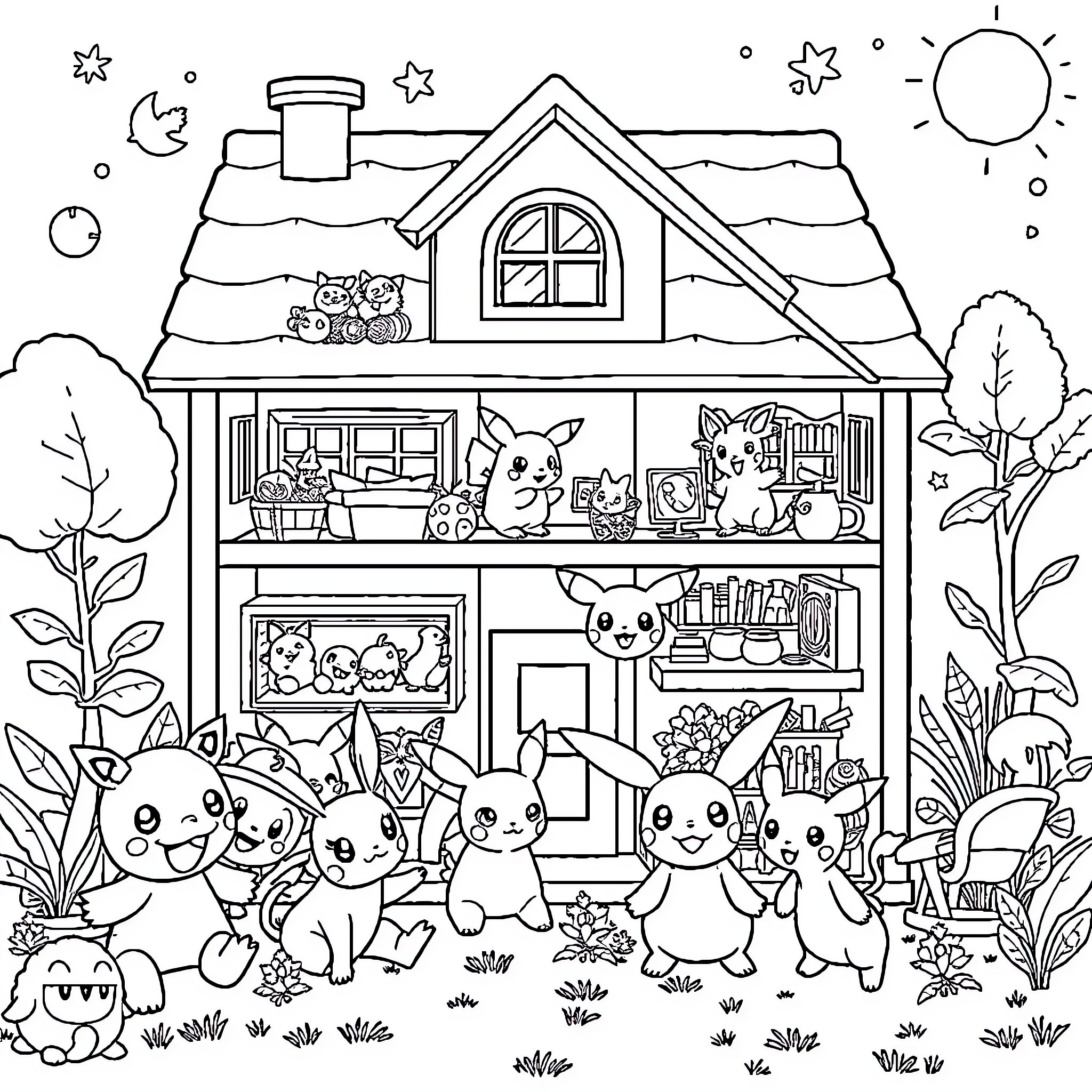 Dollhouse filled with adorable cartoon animals Coloring Page (free black-and-white line drawing printable PDF for all, from beginners to advanced learners, including children, teens, adults, and seniors)