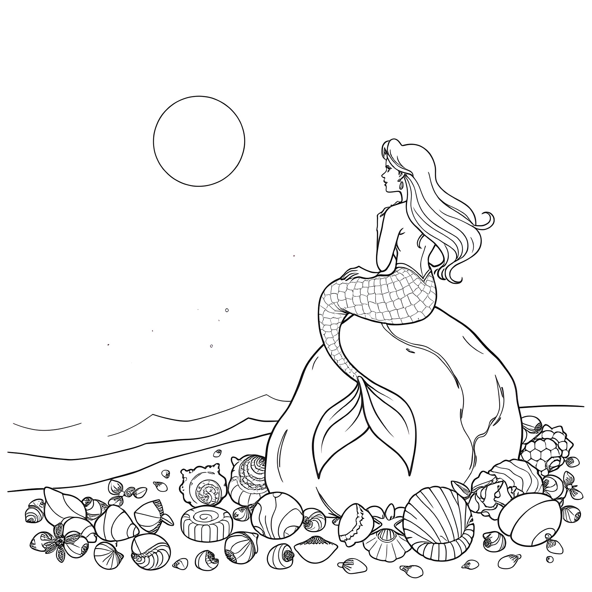 Mermaid relaxing on a beach of seashells Coloring Page (free black-and-white line drawing printable PDF for all, from beginners to advanced learners, including children, teens, adults, and seniors)