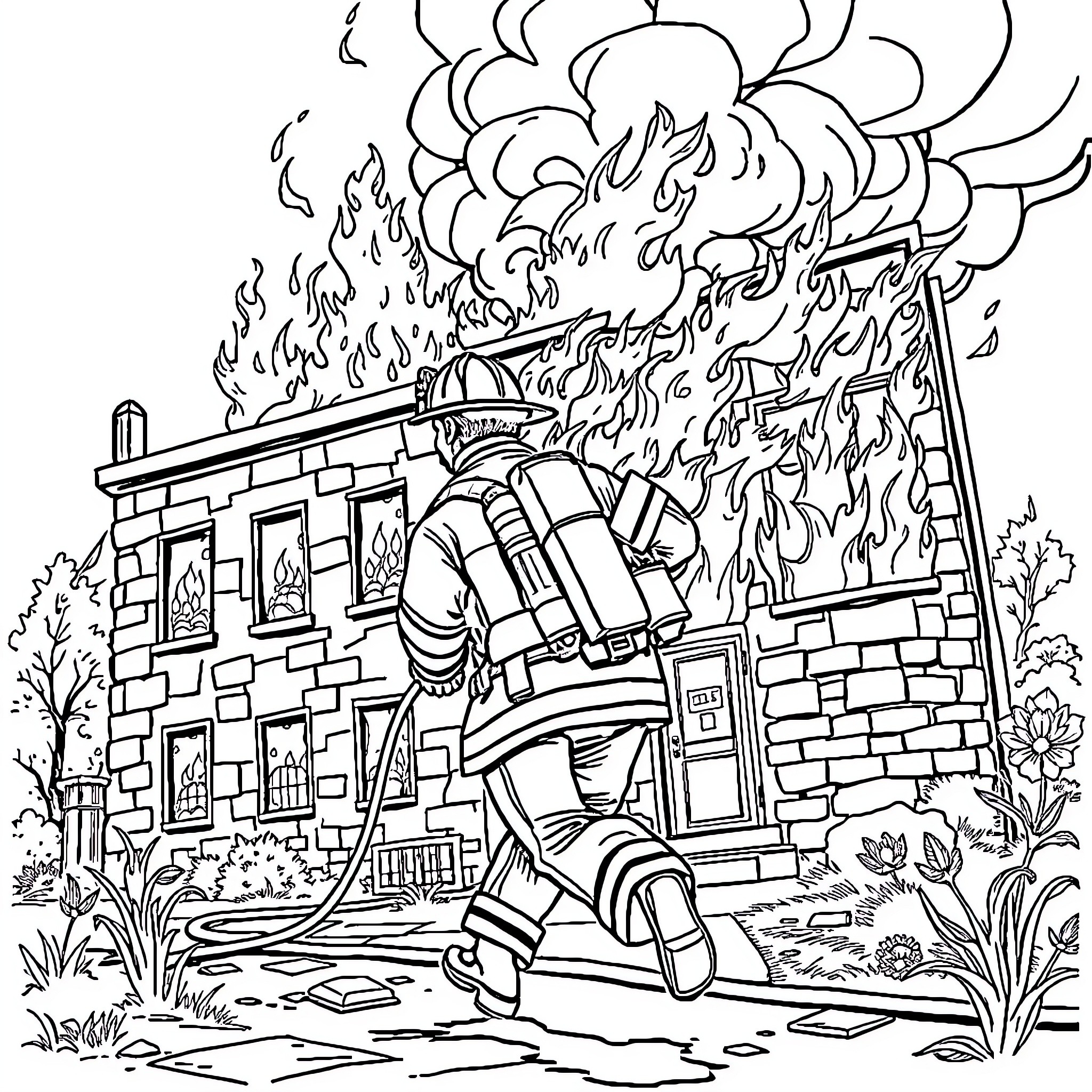 Firefighter battles blaze at burning building Coloring Page (free black-and-white line drawing printable PDF for all, from beginners to advanced learners, including children, teens, adults, and seniors)