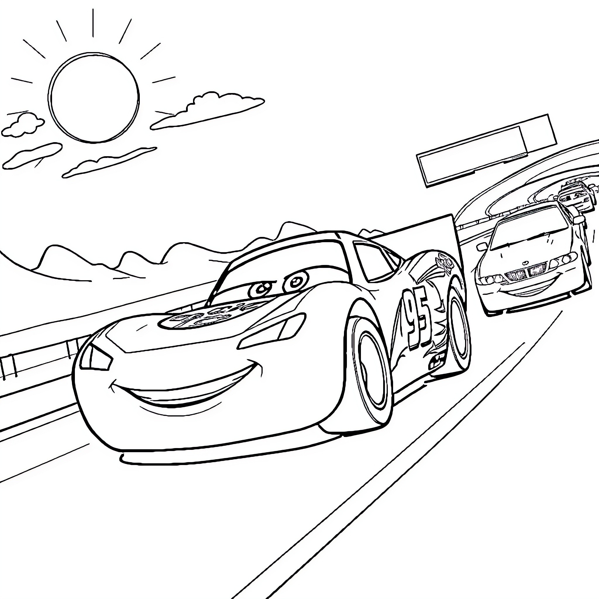 Lightning McQueen racing on the highway Coloring Page (free black-and-white line drawing printable PDF for all, from beginners to advanced learners, including children, teens, adults, and seniors)