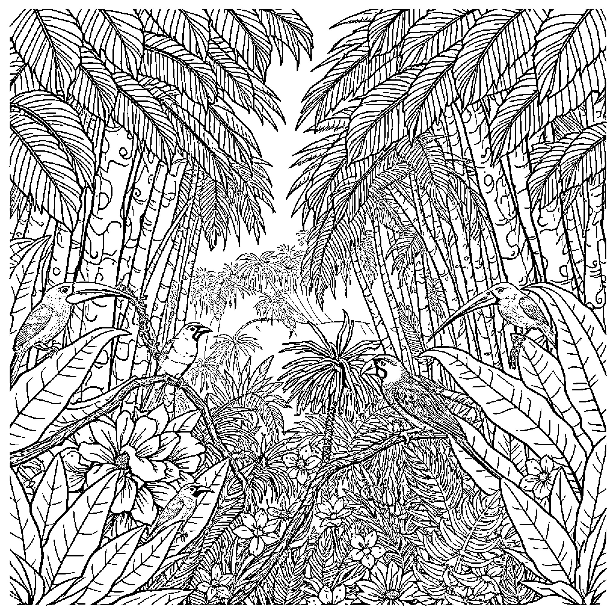Jungle Foliage and Lush Vegetation Coloring Page (free black-and-white line drawing printable PDF for all, from beginners to advanced learners, including children, teens, adults, and seniors)