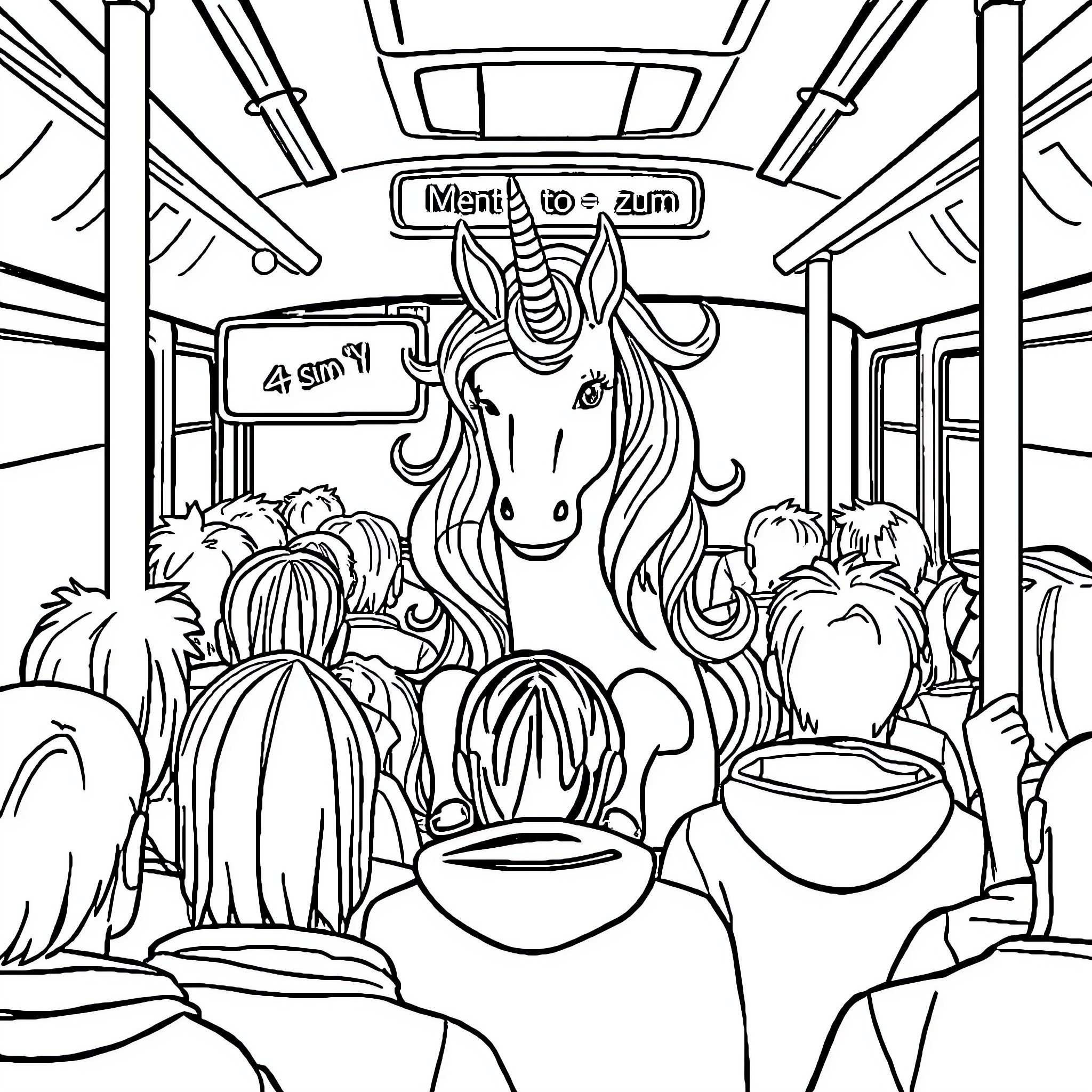 Unicorn Leading Commuters on a Bus Ride Coloring Page (free black-and-white line drawing printable PDF for all, from beginners to advanced learners, including children, teens, adults, and seniors)