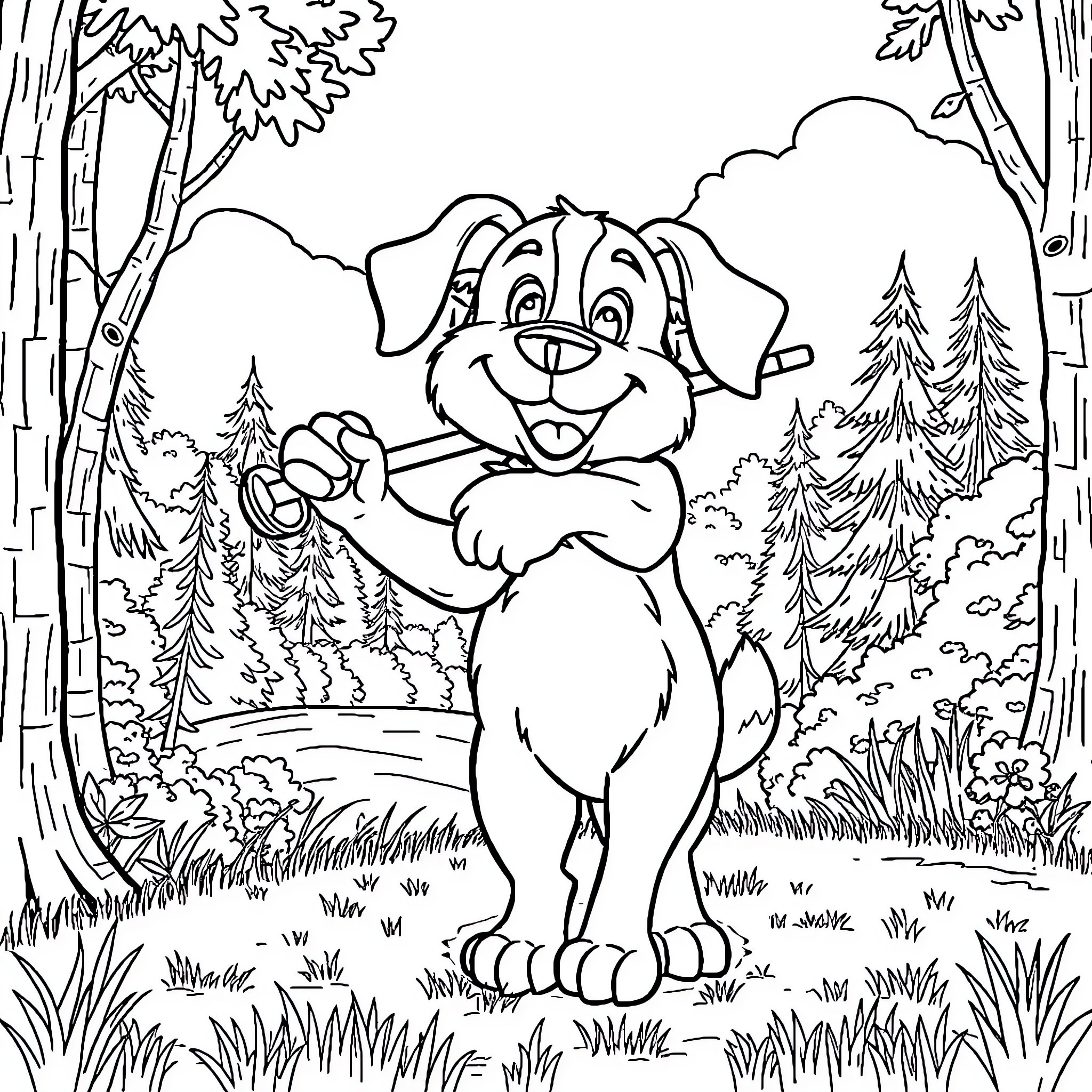 Dog enjoying nature in the forest Coloring Page (free black-and-white line drawing printable PDF for all, from beginners to advanced learners, including children, teens, adults, and seniors)