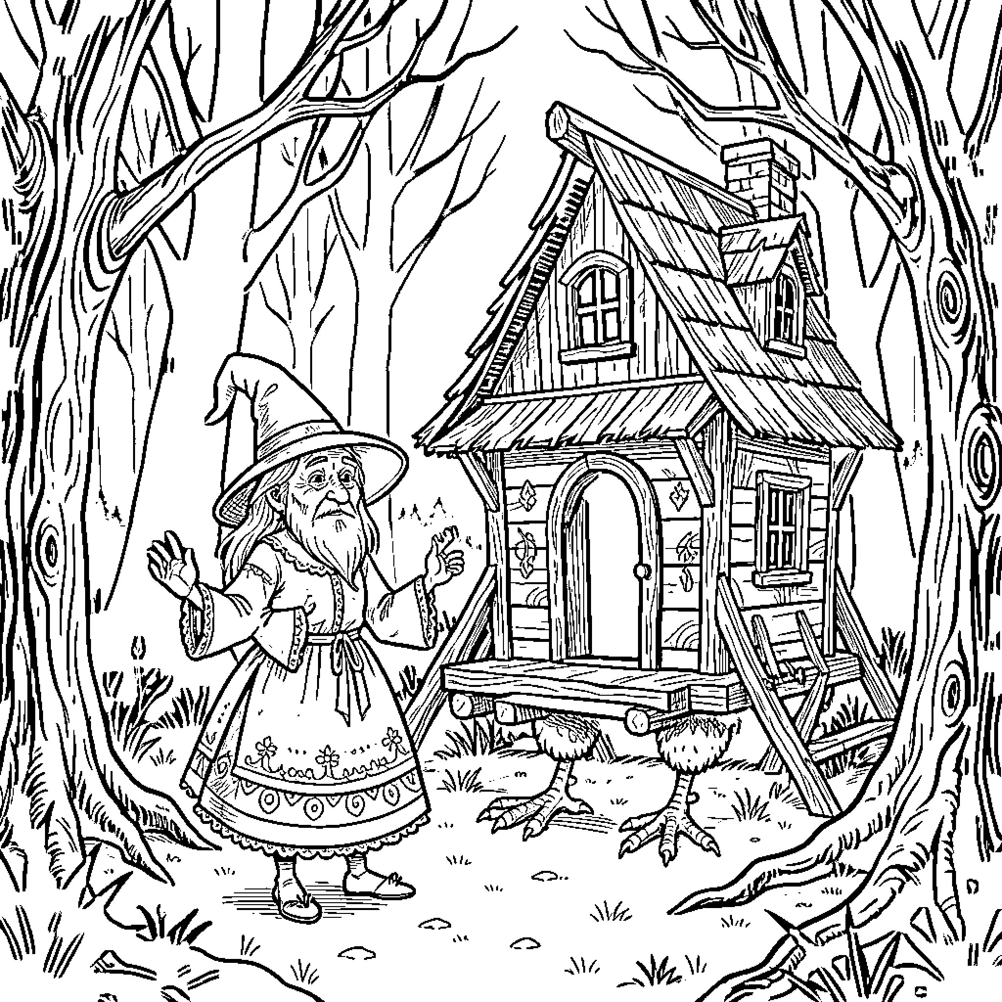 Baba Yaga's Enchanted Cottage in the Mystic Forest Coloring Page (free black-and-white line drawing printable PDF for all, from beginners to advanced learners, including children, teens, adults, and seniors)