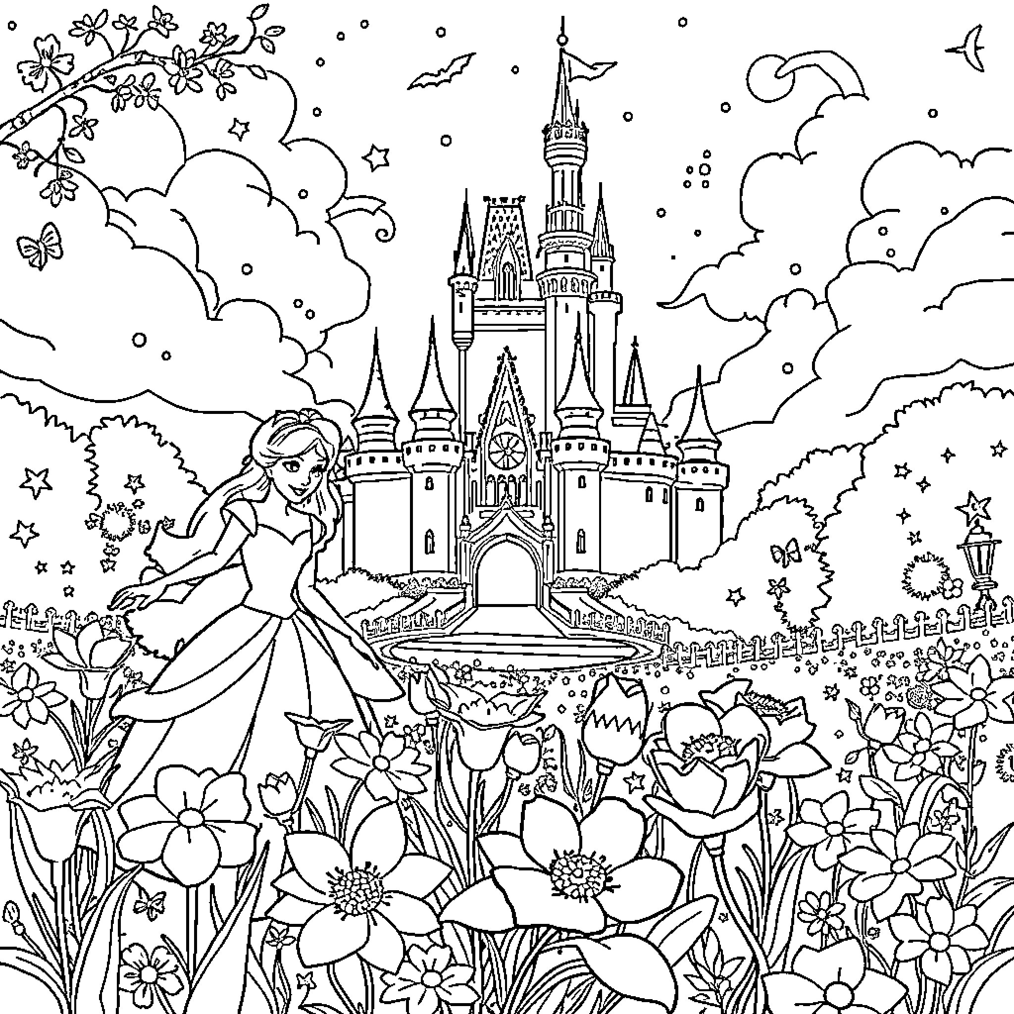 Disney Princess enjoying magical castle and nature Coloring Page (free black-and-white line drawing printable PDF for all, from beginners to advanced learners, including children, teens, adults, and seniors)