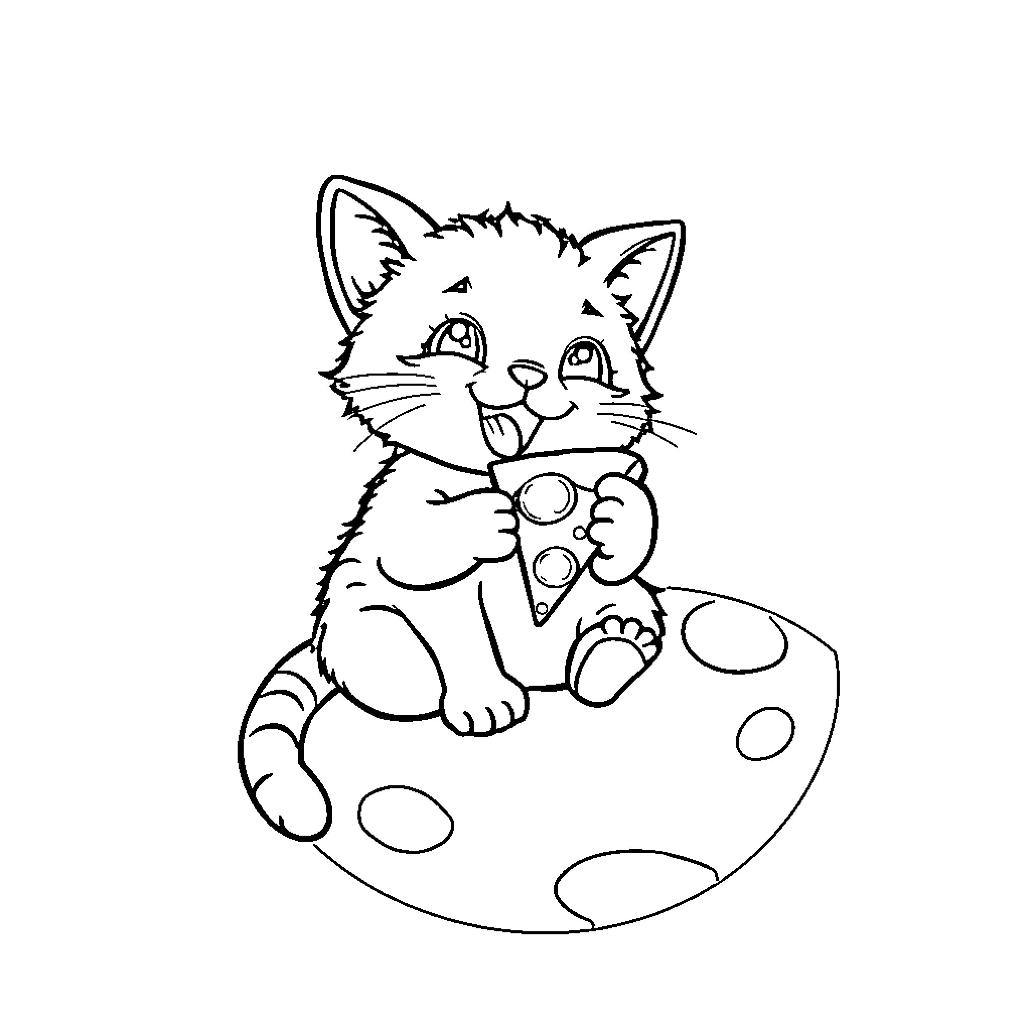 Cat relaxing on a spotted cushion Coloring Page (free black-and-white line drawing printable PDF for all, from beginners to advanced learners, including children, teens, adults, and seniors)