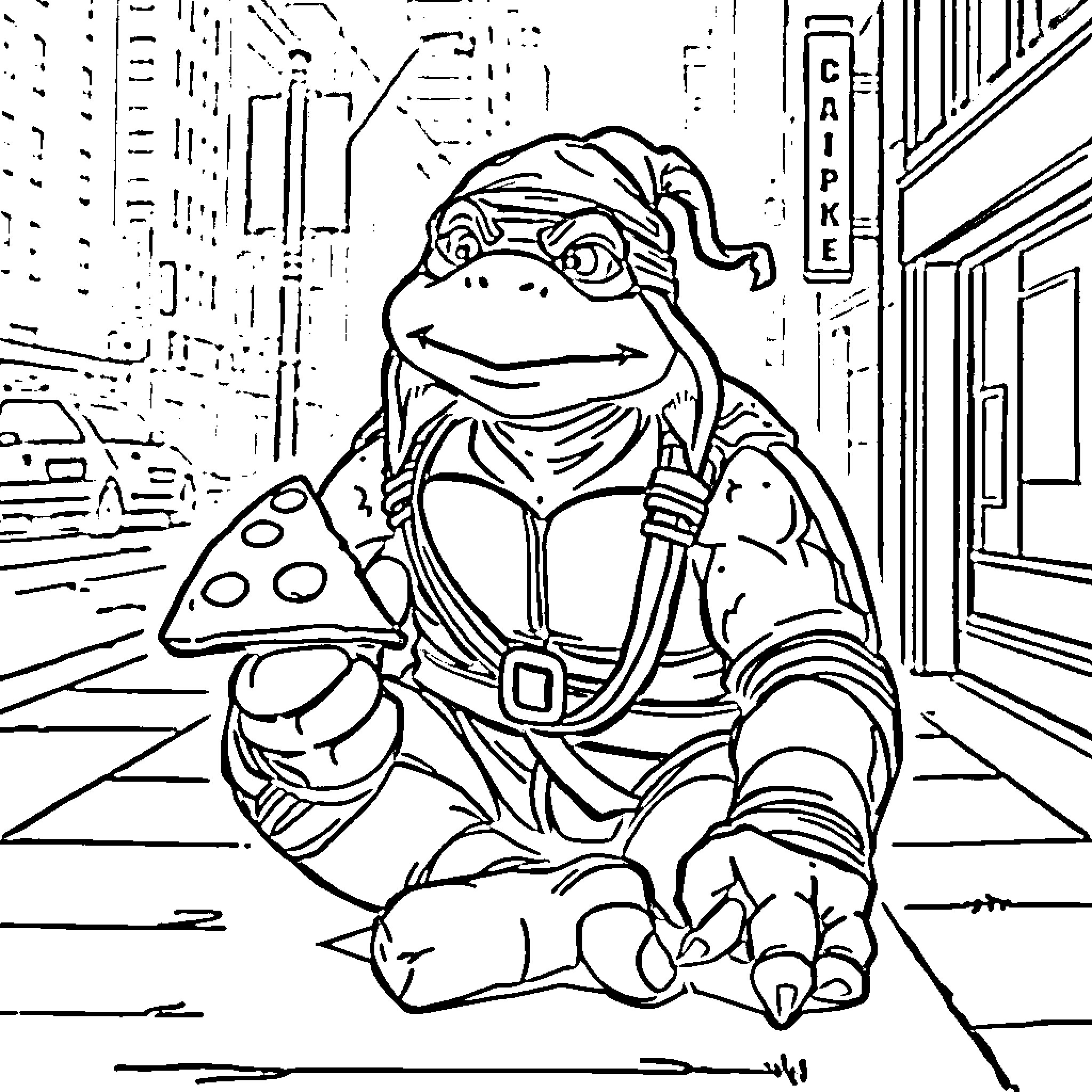 Ninja Turtle in the City Streets Coloring Page (free black-and-white line drawing printable PDF for all, from beginners to advanced learners, including children, teens, adults, and seniors)