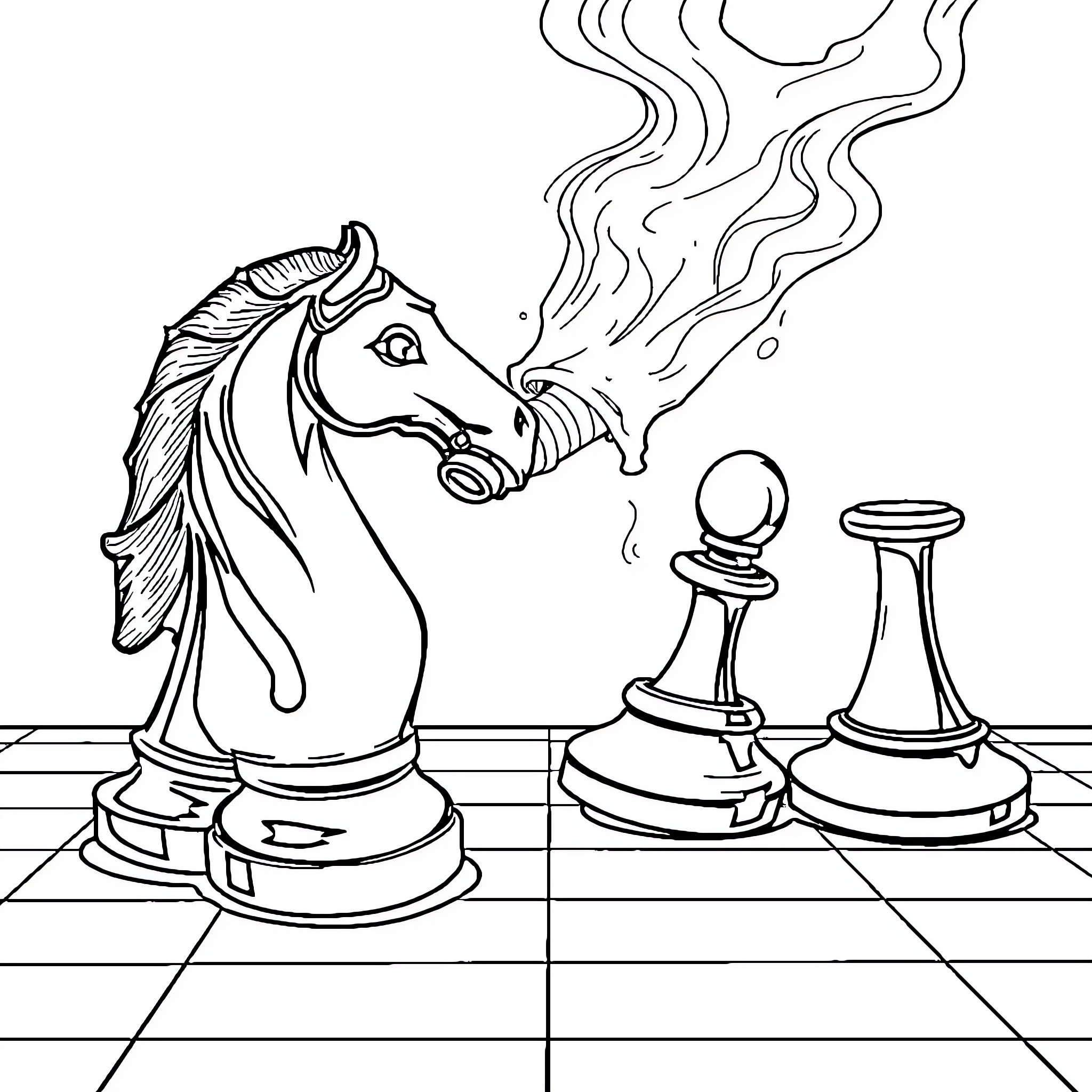Chess Fantasy Horse and Chess Pieces on Board Coloring Page (free black-and-white line drawing printable PDF for all, from beginners to advanced learners, including children, teens, adults, and seniors)