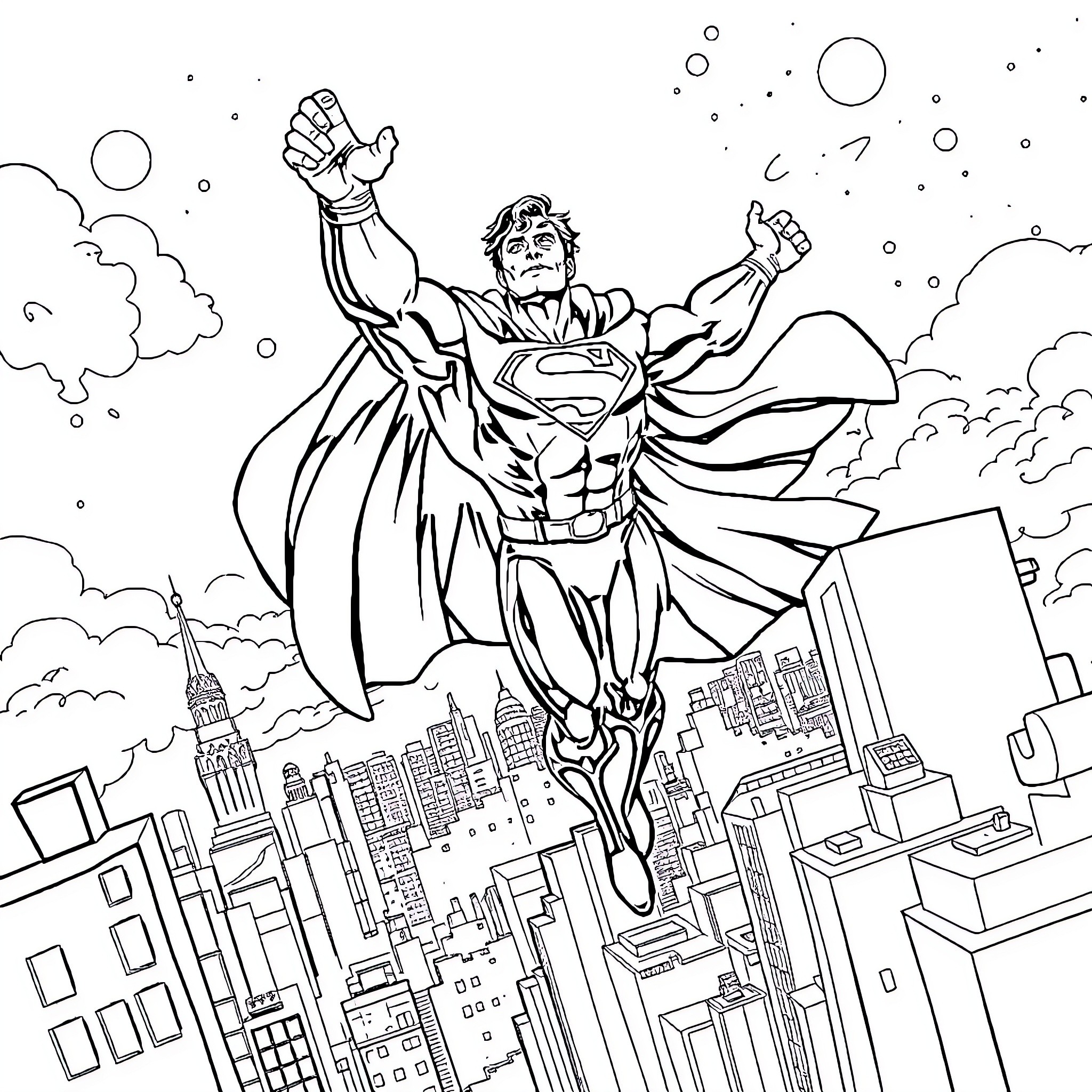 Superman saving the city from above Coloring Page (free black-and-white line drawing printable PDF for all, from beginners to advanced learners, including children, teens, adults, and seniors)