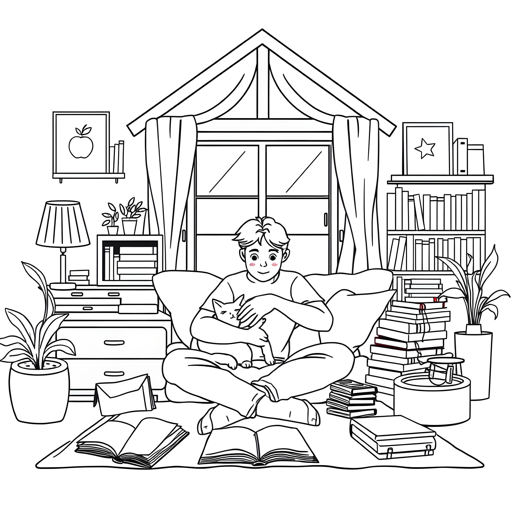 Need a young reader with a cozy reading nook Coloring Page (free black-and-white line drawing printable PDF for all, from beginners to advanced learners, including children, teens, adults, and seniors)