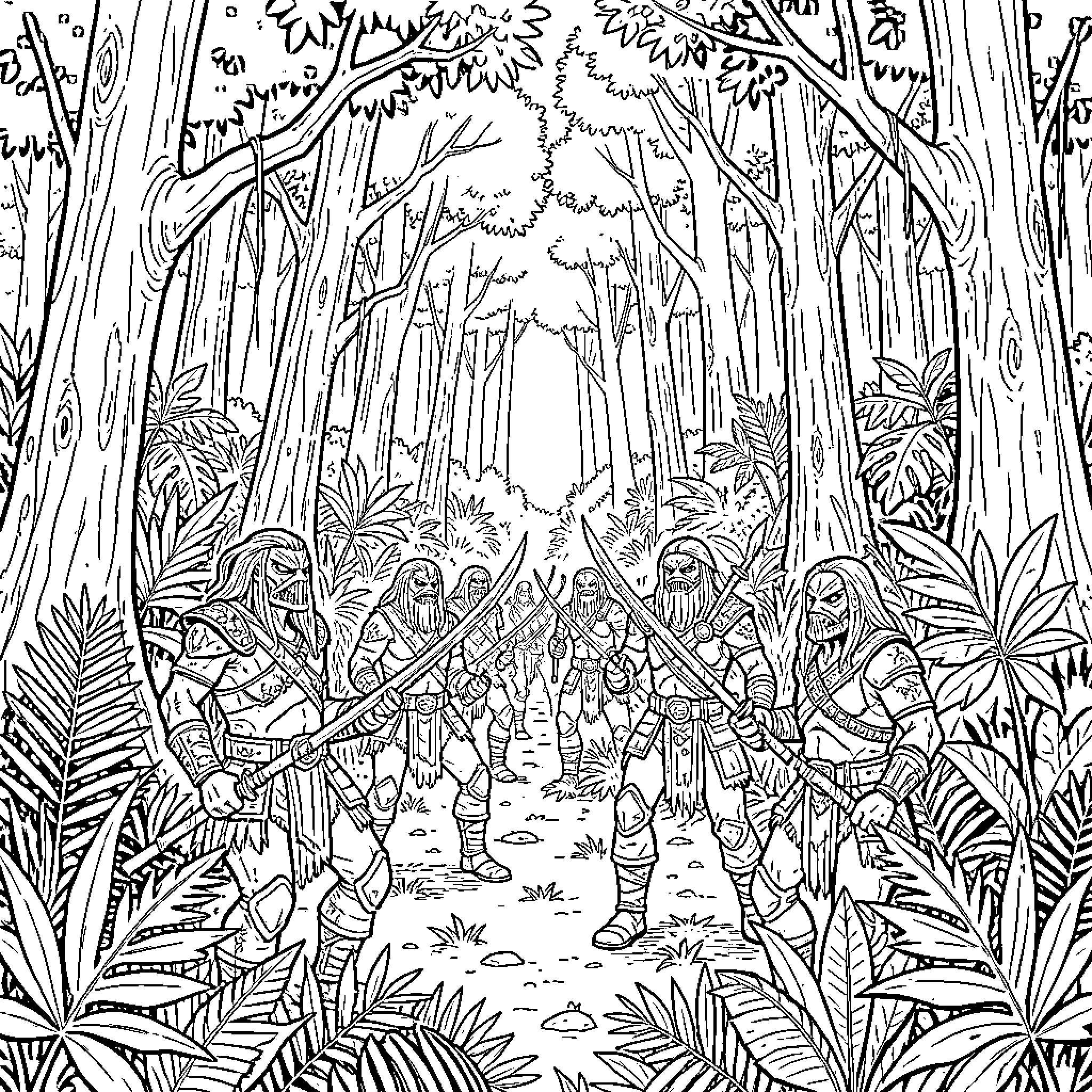 Kroot warriors standing ready in a dense jungle Coloring Page (free black-and-white line drawing printable PDF for all, from beginners to advanced learners, including children, teens, adults, and seniors)