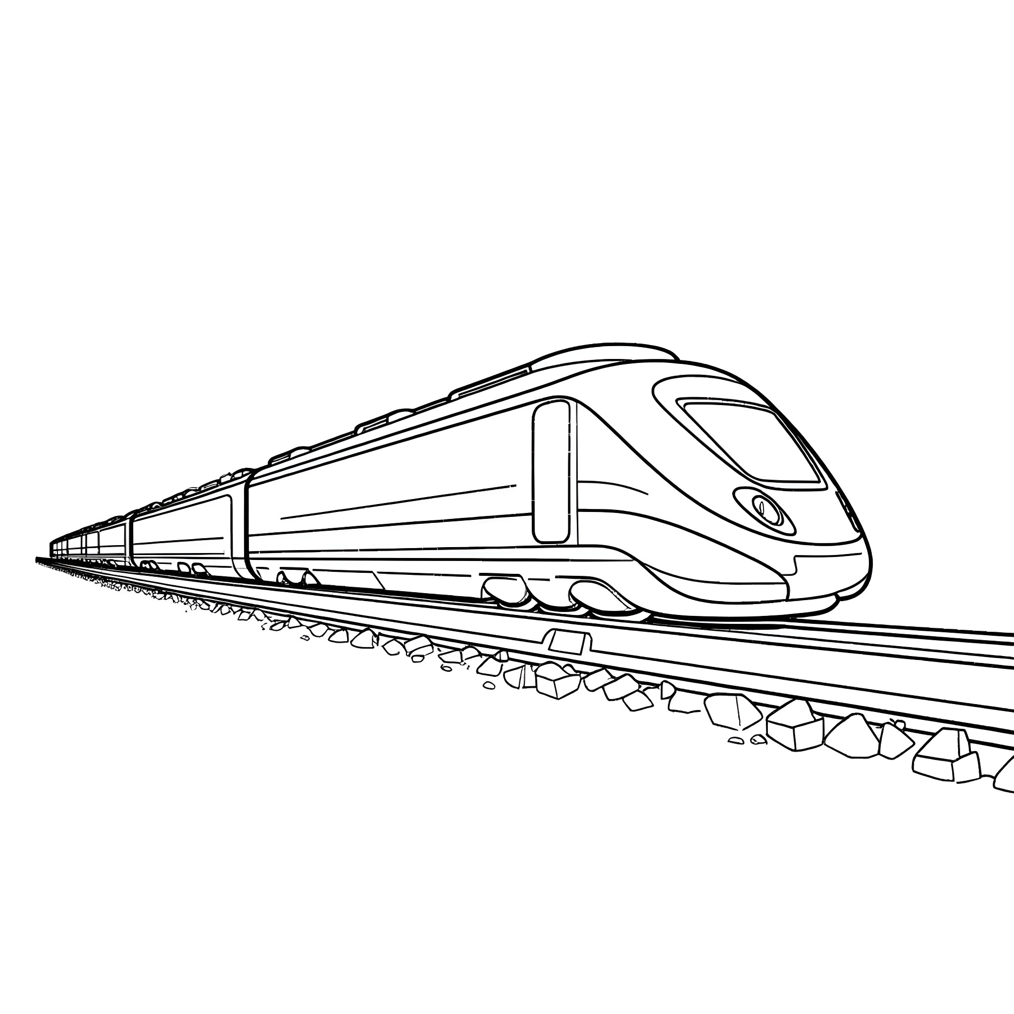 Train speeding along the tracks Coloring Page (free black-and-white line drawing printable PDF for all, from beginners to advanced learners, including children, teens, adults, and seniors)