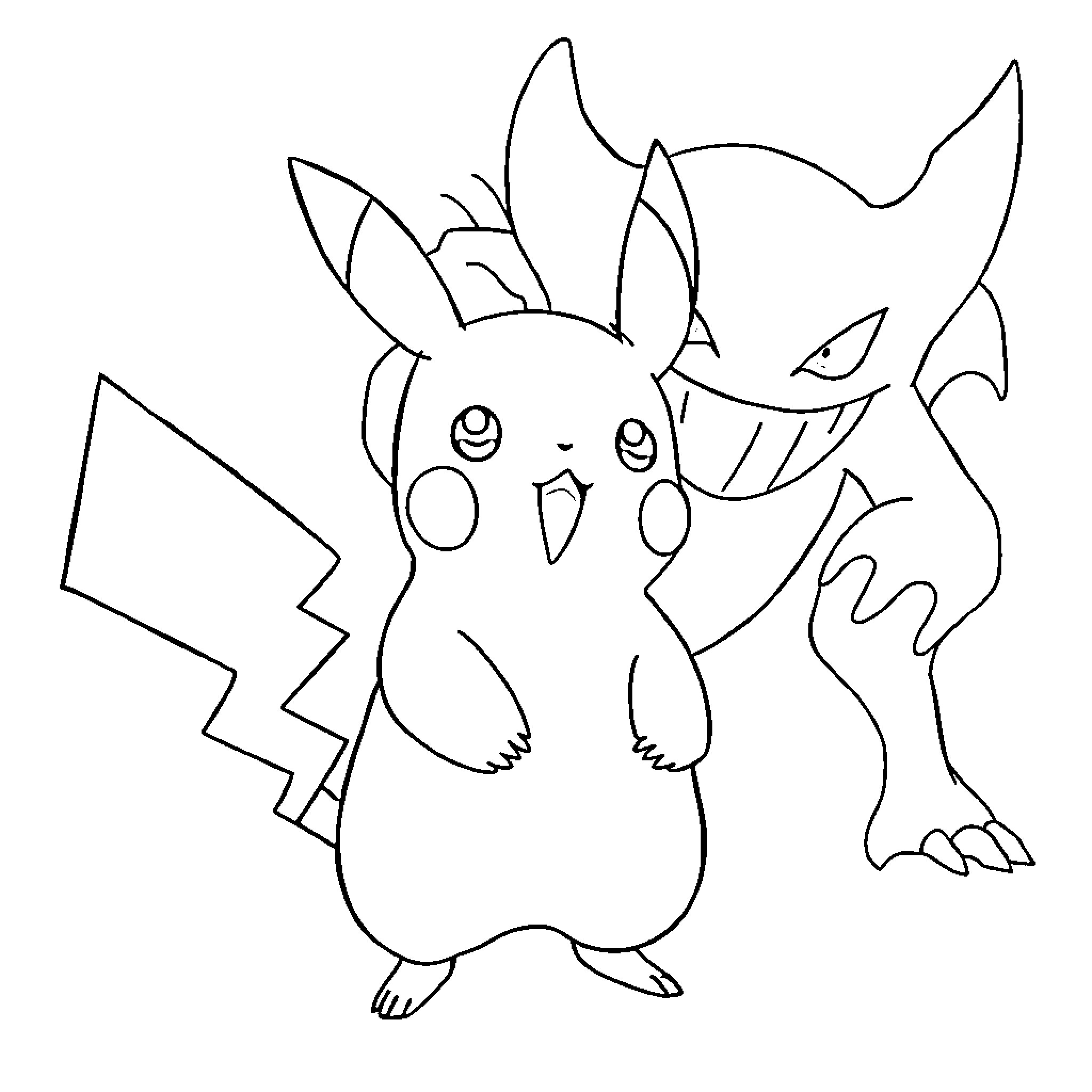 Pikachu and Gastly playful sketch Coloring Page (free black-and-white line drawing printable PDF for all, from beginners to advanced learners, including children, teens, adults, and seniors)