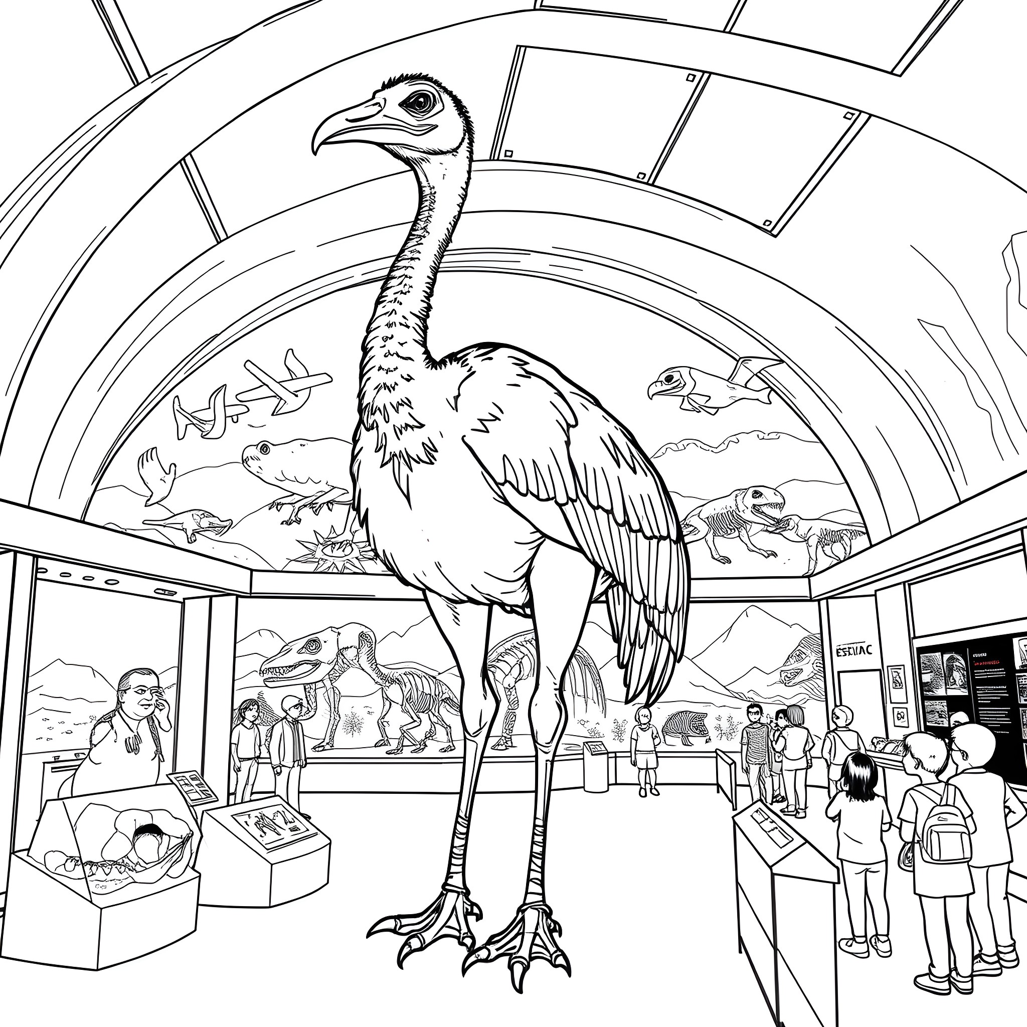 Moa Bird Exhibit at the Natural History Museum Coloring Page (free black-and-white line drawing printable PDF for all, from beginners to advanced learners, including children, teens, adults, and seniors)