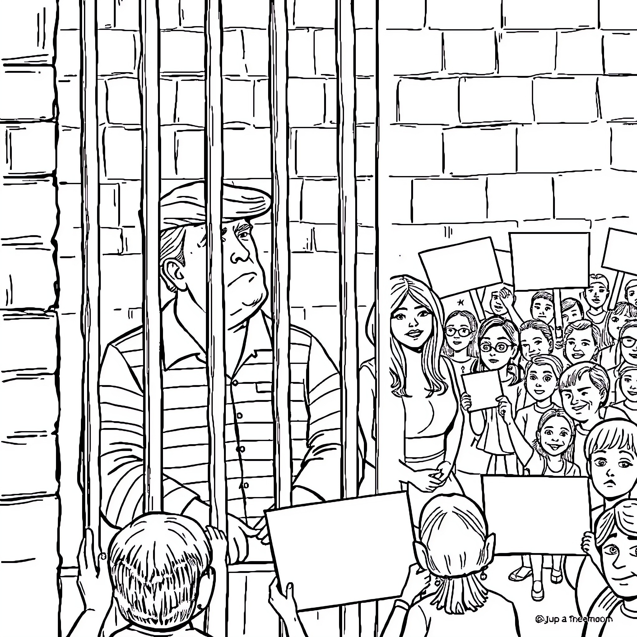 Trump behind bars with protesters outside Coloring Page (free black-and-white line drawing printable PDF for all, from beginners to advanced learners, including children, teens, adults, and seniors)