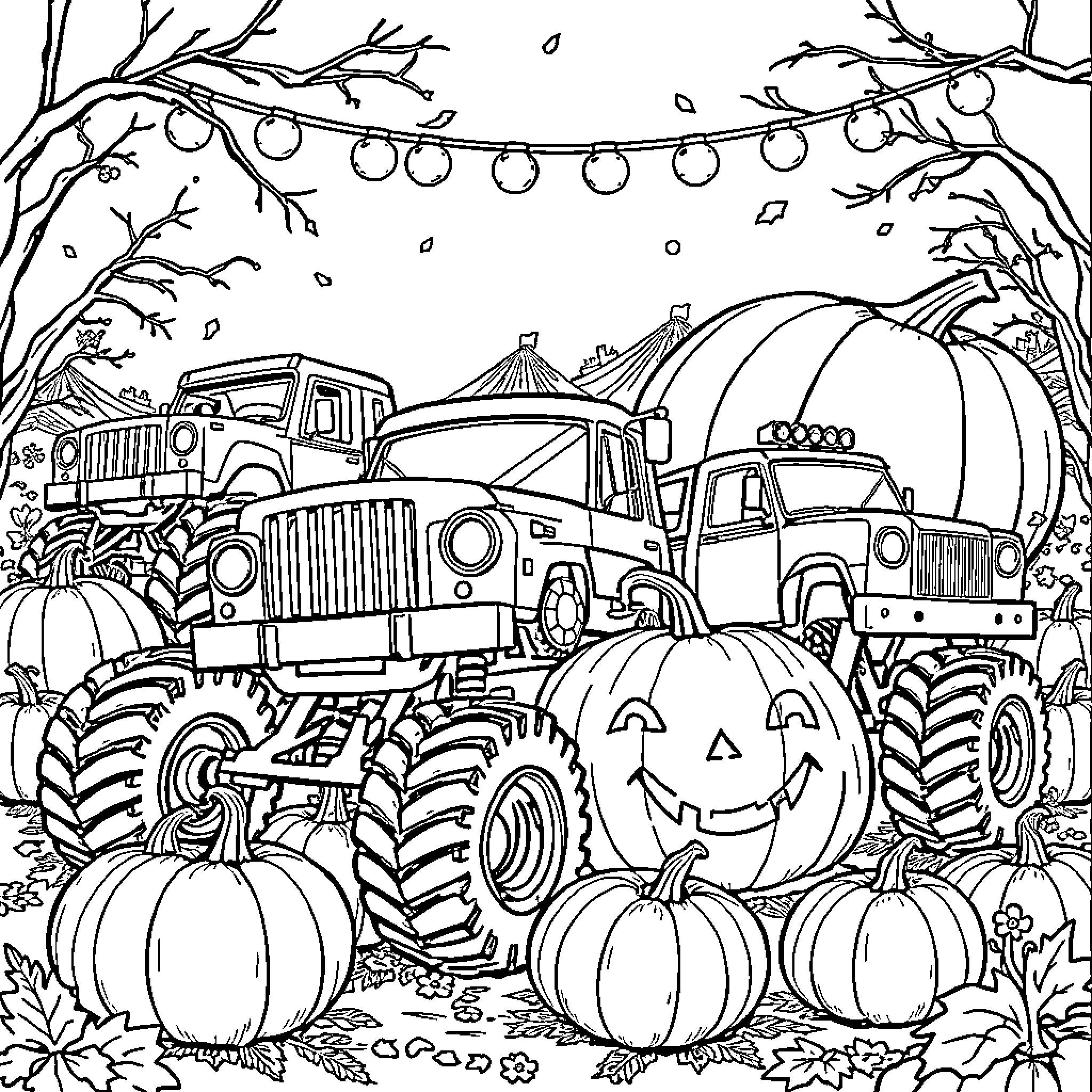 Monster Truck Pumpkin Patch Adventure Coloring Page (free black-and-white line drawing printable PDF for all, from beginners to advanced learners, including children, teens, adults, and seniors)