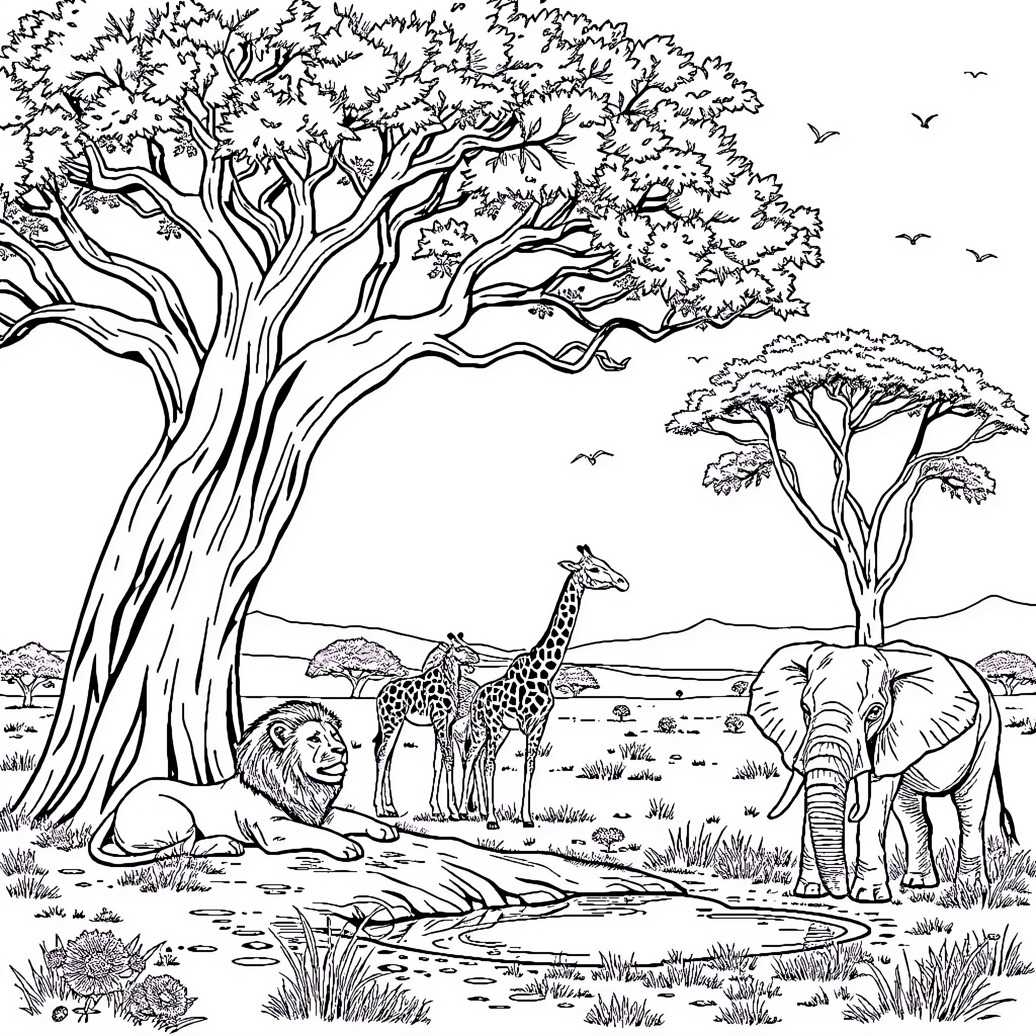 Lion and other animals in the African savanna Coloring Page (free black-and-white line drawing printable PDF for all, from beginners to advanced learners, including children, teens, adults, and seniors)
