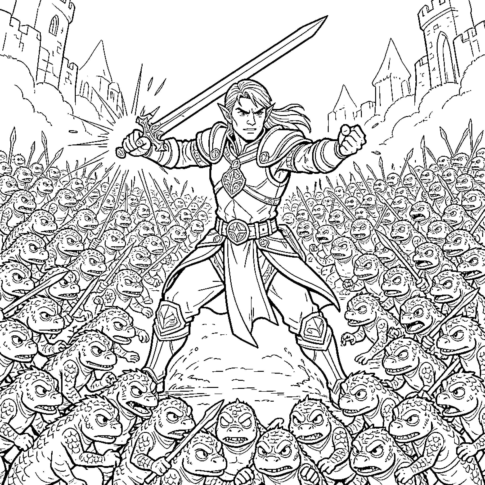 Lysander Leading a Valiant Battle against Foes Coloring Page (free black-and-white line drawing printable PDF for all, from beginners to advanced learners, including children, teens, adults, and seniors)