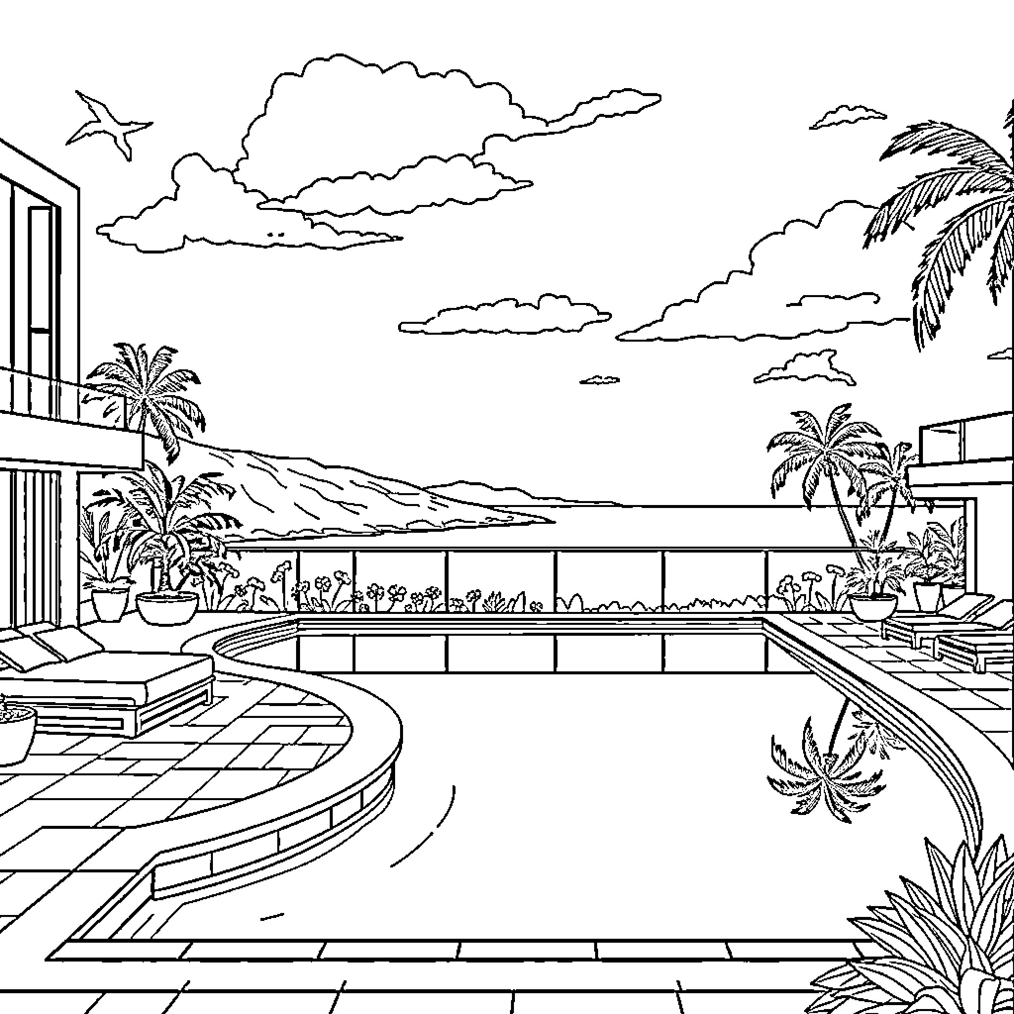 Hotel Poolside Serenity Coloring Page (free black-and-white line drawing printable PDF for all, from beginners to advanced learners, including children, teens, adults, and seniors)