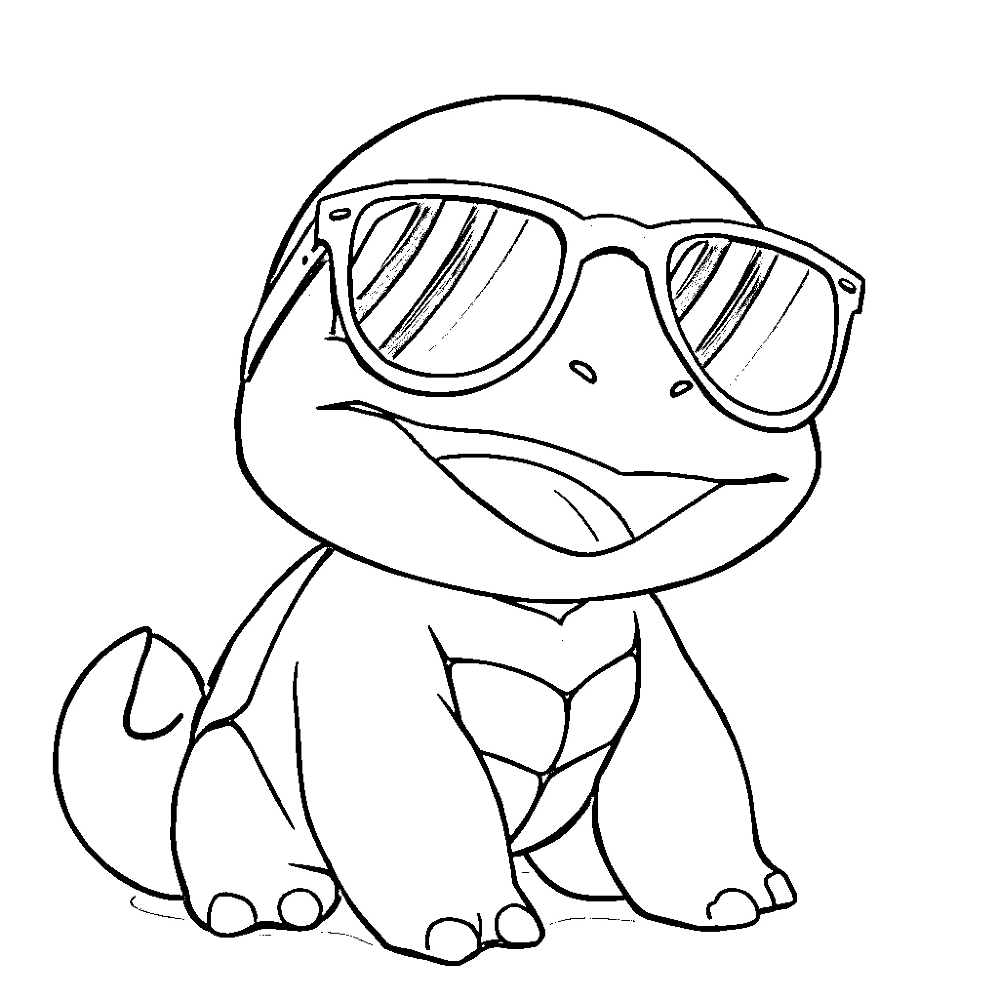 Squirtle wearing cool sunglasses Coloring Page (free black-and-white line drawing printable PDF for all, from beginners to advanced learners, including children, teens, adults, and seniors)