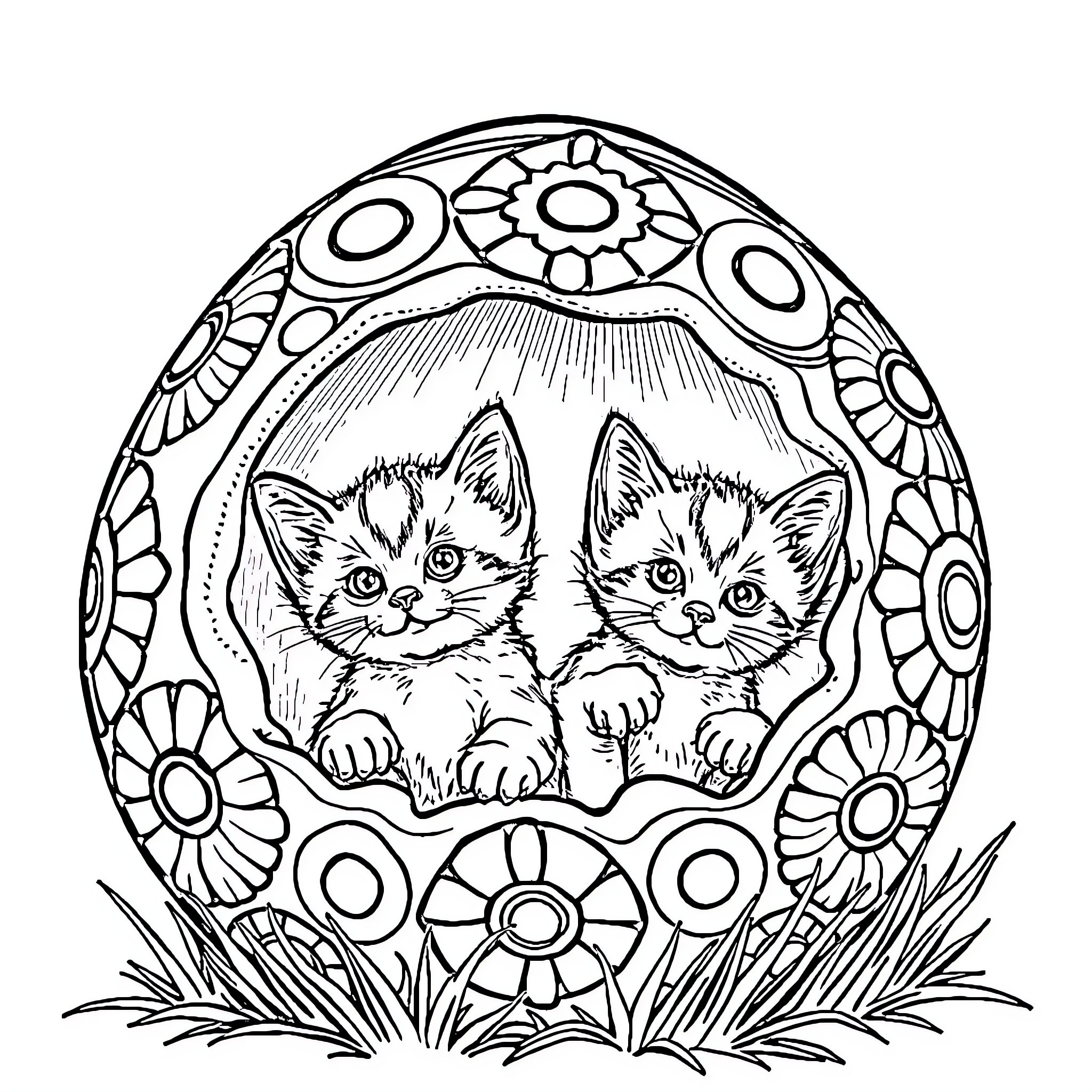 Kitten pair nestled in ornate egg-shaped frame Coloring Page (free black-and-white line drawing printable PDF for all, from beginners to advanced learners, including children, teens, adults, and seniors)
