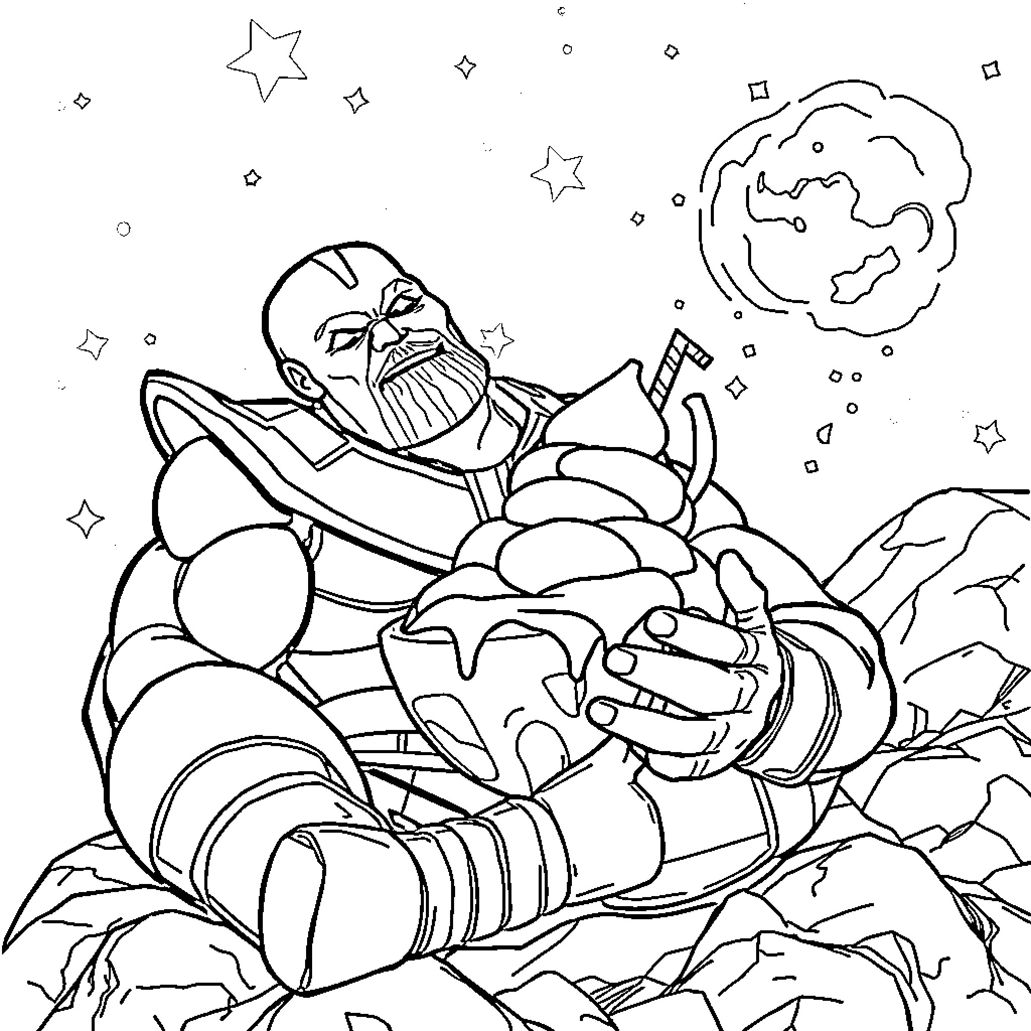 Thanos wielding the Infinity Stones in cosmic space Coloring Page (free black-and-white line drawing printable PDF for all, from beginners to advanced learners, including children, teens, adults, and seniors)