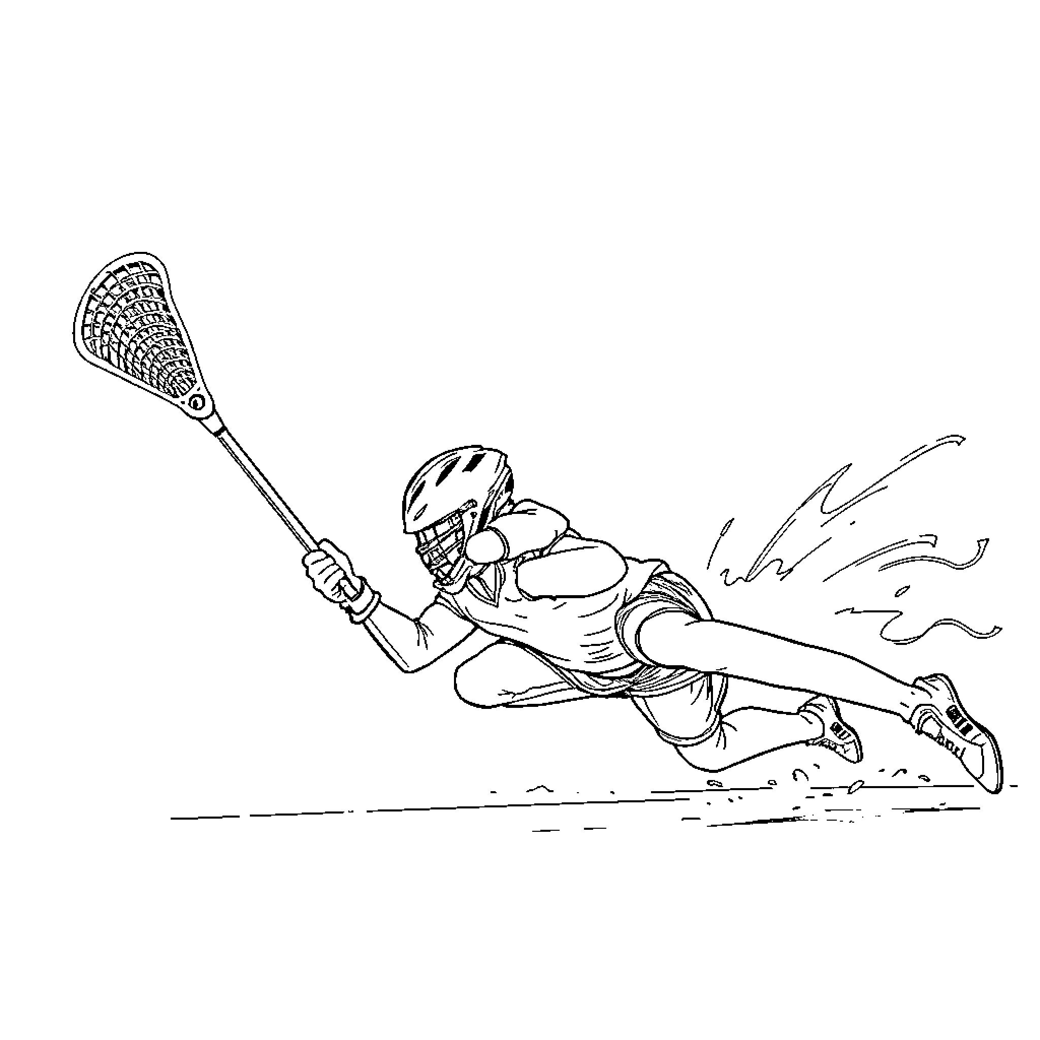 Lacrosse player sprinting with ball and stick Coloring Page (free black-and-white line drawing printable PDF for all, from beginners to advanced learners, including children, teens, adults, and seniors)