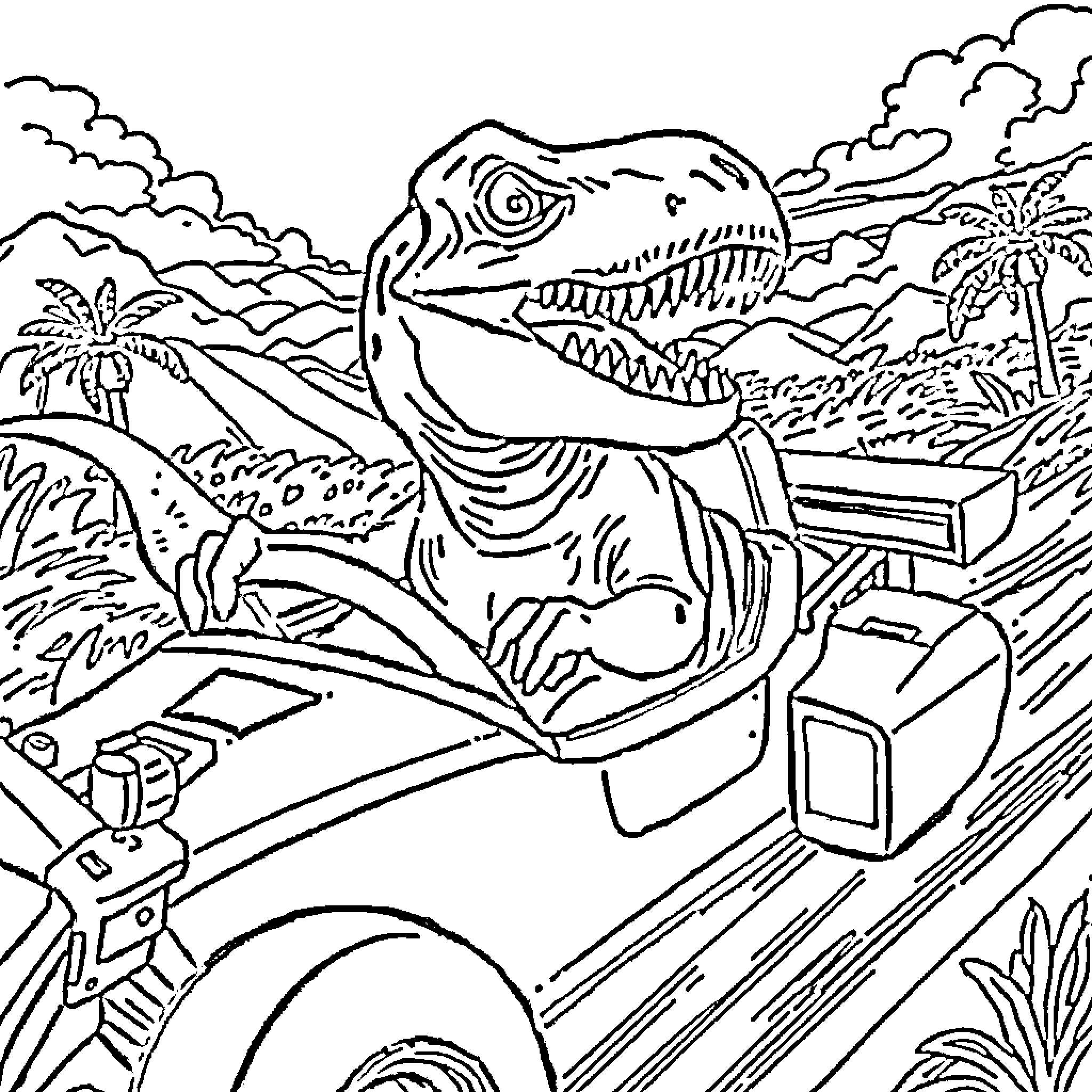 Dinosaur driving a car through a tropical landscape Coloring Page (free black-and-white line drawing printable PDF for all, from beginners to advanced learners, including children, teens, adults, and seniors)