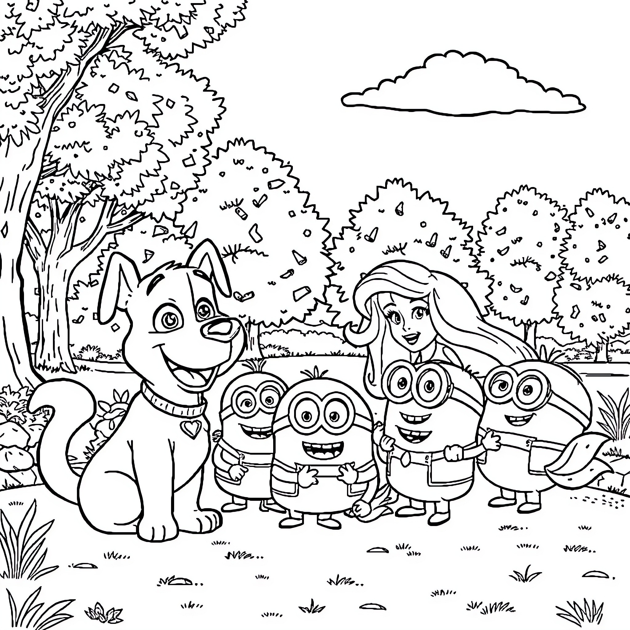 Characters exploring a lively forest scene Coloring Page (free black-and-white line drawing printable PDF for all, from beginners to advanced learners, including children, teens, adults, and seniors)