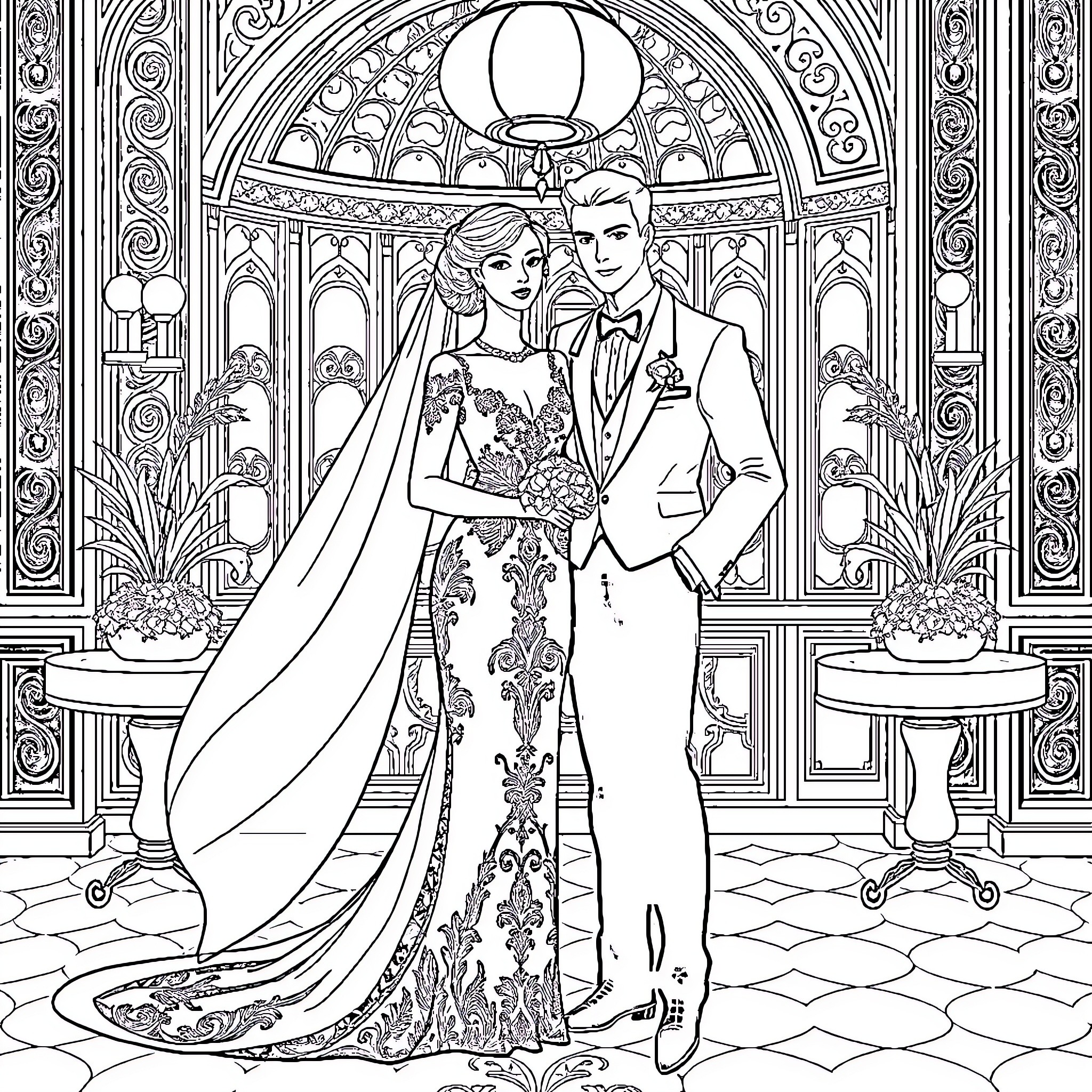 Mariés dans un cadre élégant et décoratif Coloring Page (free black-and-white line drawing printable PDF for all, from beginners to advanced learners, including children, teens, adults, and seniors)