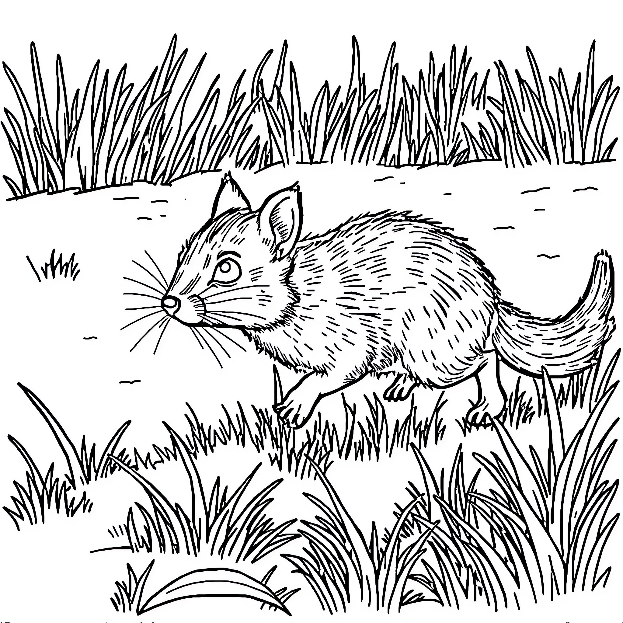Animal prowling through grassy field Coloring Page (free black-and-white line drawing printable PDF for all, from beginners to advanced learners, including children, teens, adults, and seniors)