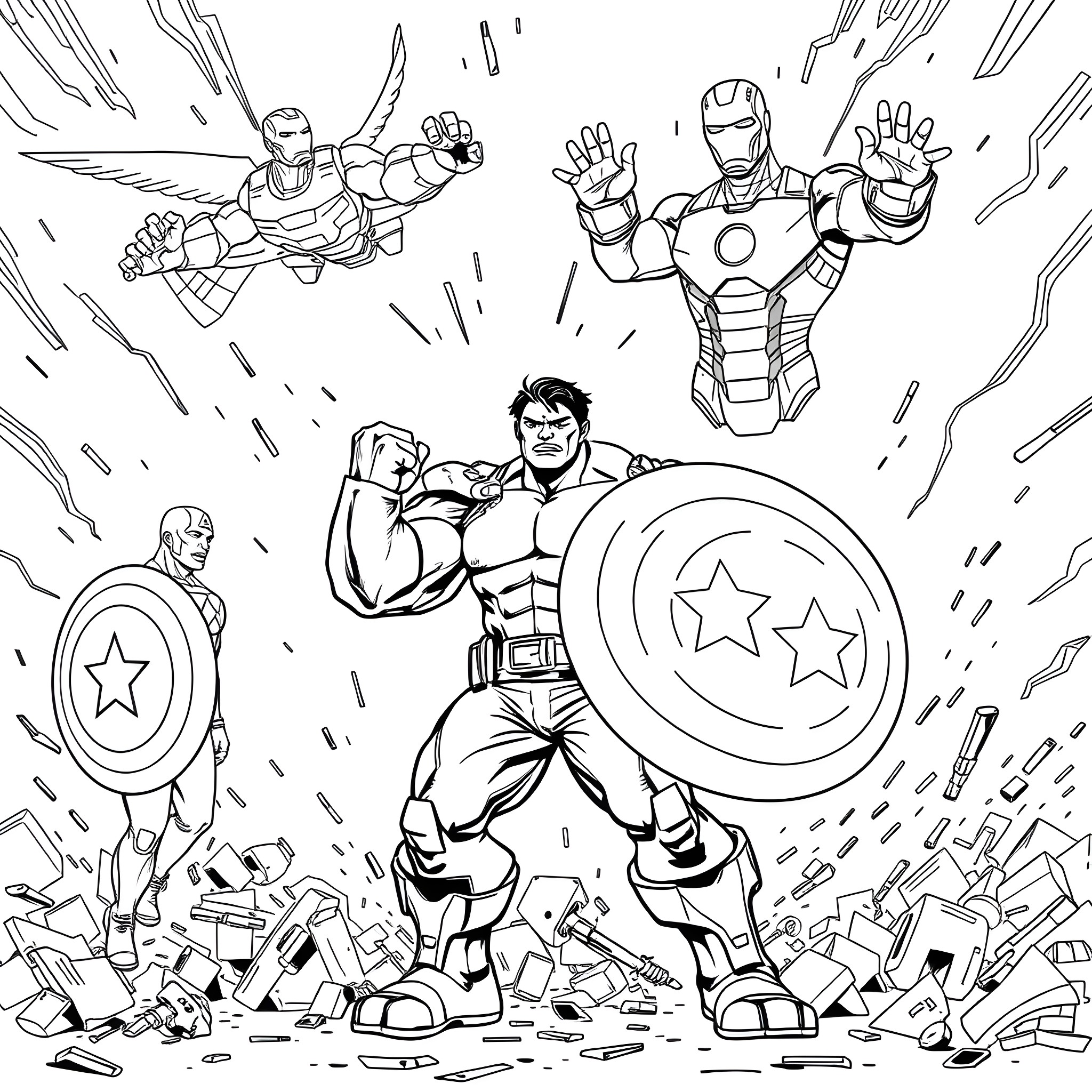 Hulk heroes in action-packed combat scene Coloring Page (free black-and-white line drawing printable PDF for all, from beginners to advanced learners, including children, teens, adults, and seniors)