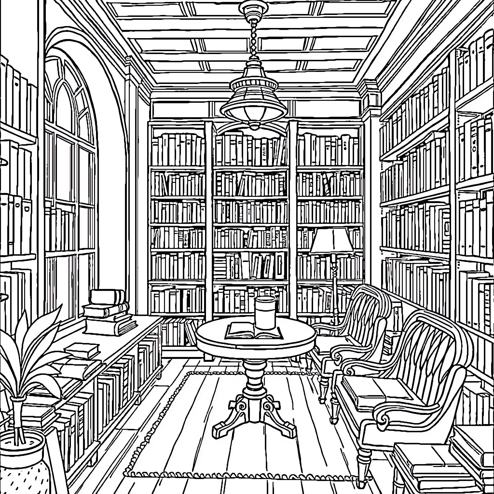 Library of Tranquil Knowledge and Study Coloring Page (free black-and-white line drawing printable PDF for all, from beginners to advanced learners, including children, teens, adults, and seniors)