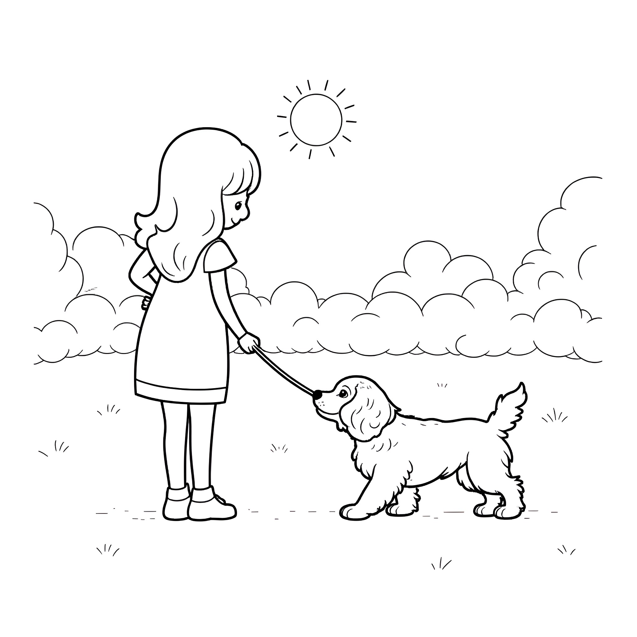 Bluey playing joyfully with her dog friend Coloring Page (free black-and-white line drawing printable PDF for all, from beginners to advanced learners, including children, teens, adults, and seniors)