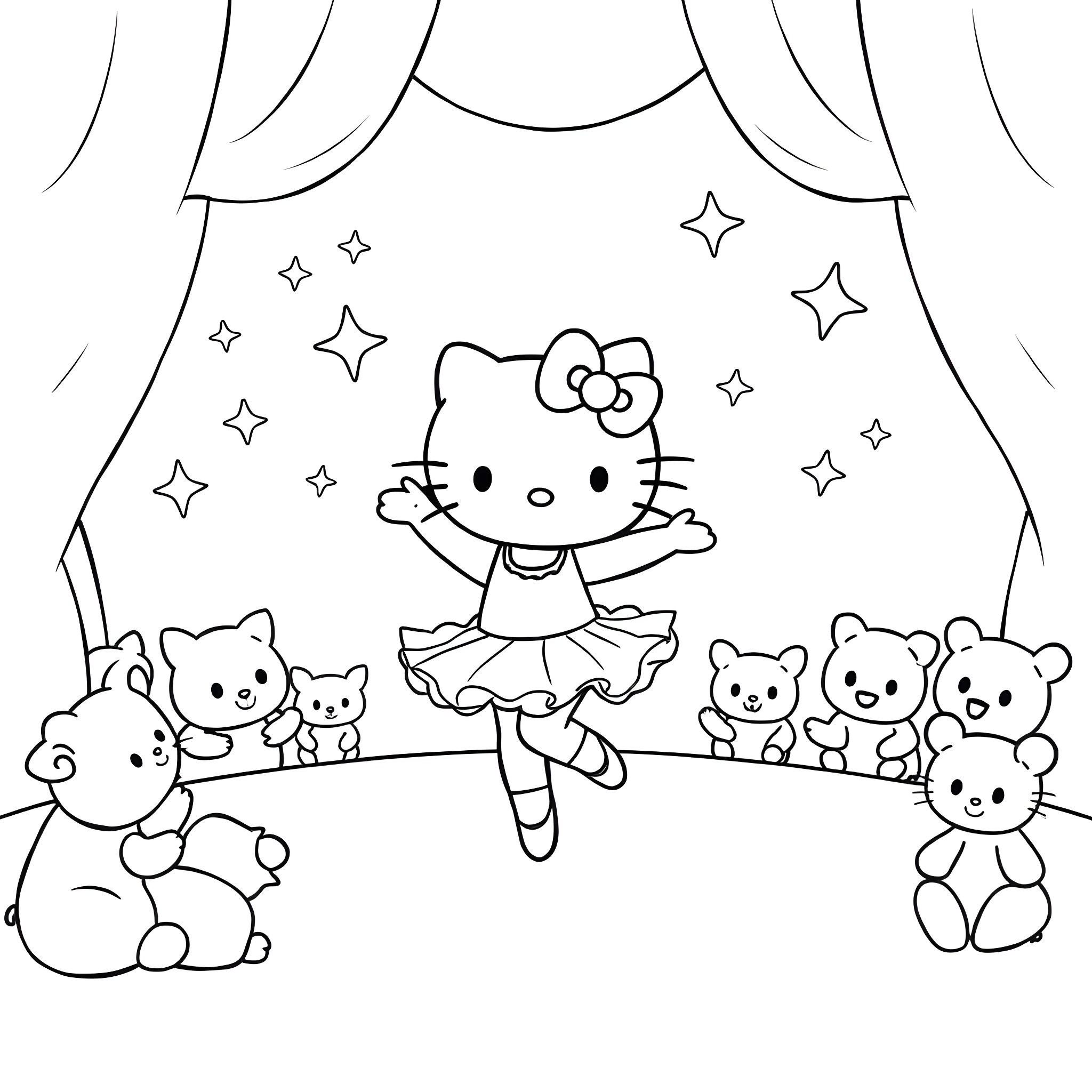 Hello Kitty dancing on stage with stuffed animals Coloring Page (free black-and-white line drawing printable PDF for all, from beginners to advanced learners, including children, teens, adults, and seniors)