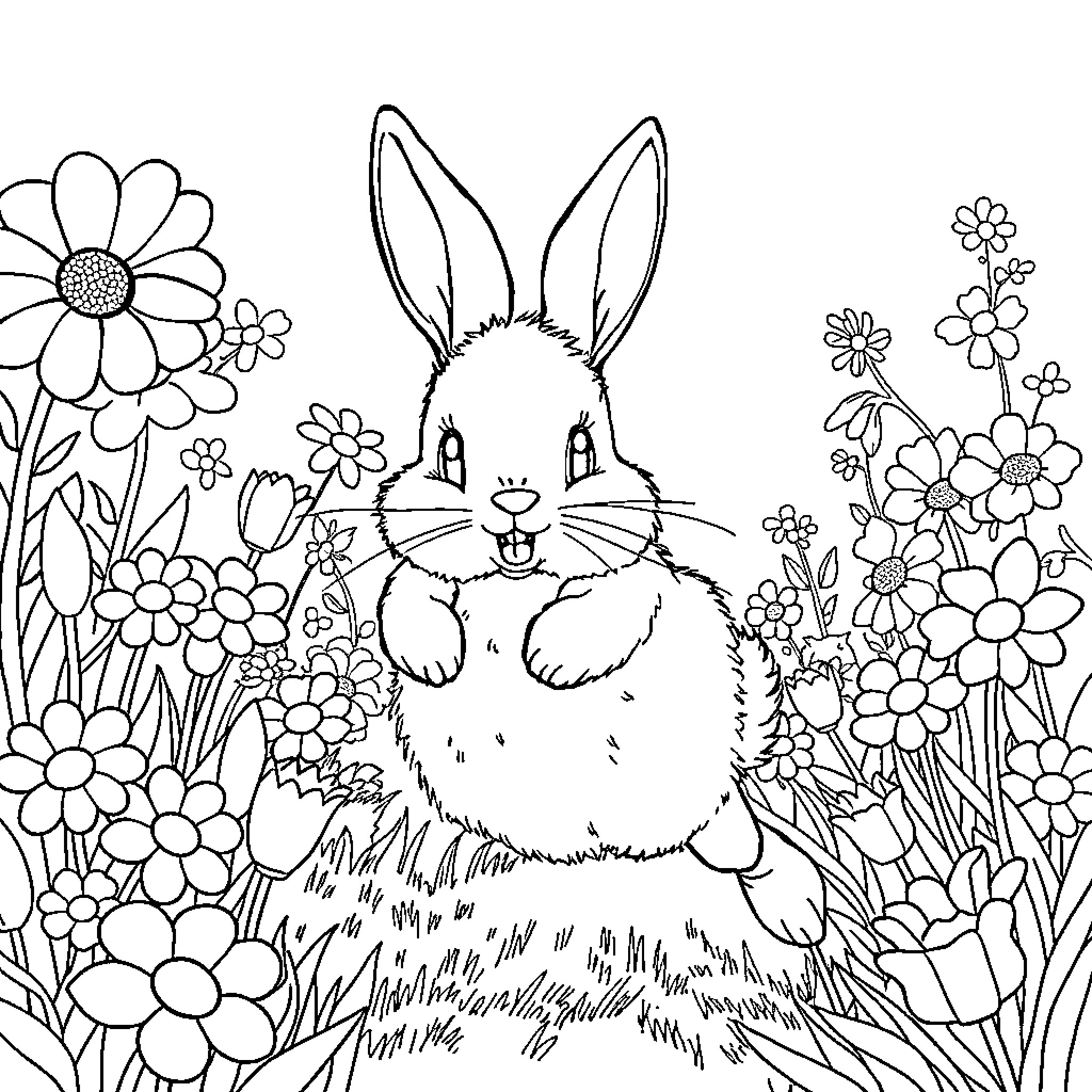 Bunny among flowers in the garden Coloring Page (free black-and-white line drawing printable PDF for all, from beginners to advanced learners, including children, teens, adults, and seniors)