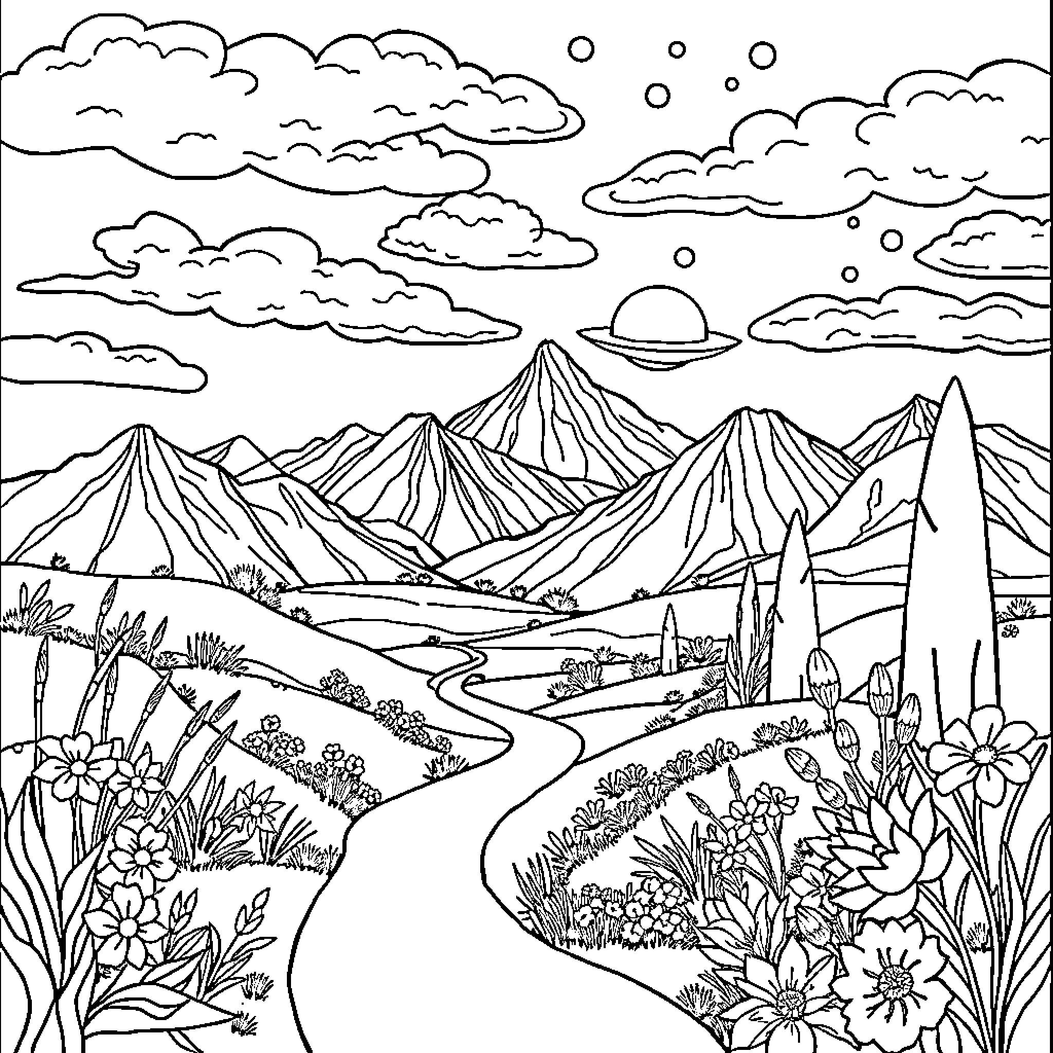 Mandala of Majestic Mountain Landscapes Coloring Page (free black-and-white line drawing printable PDF for all, from beginners to advanced learners, including children, teens, adults, and seniors)