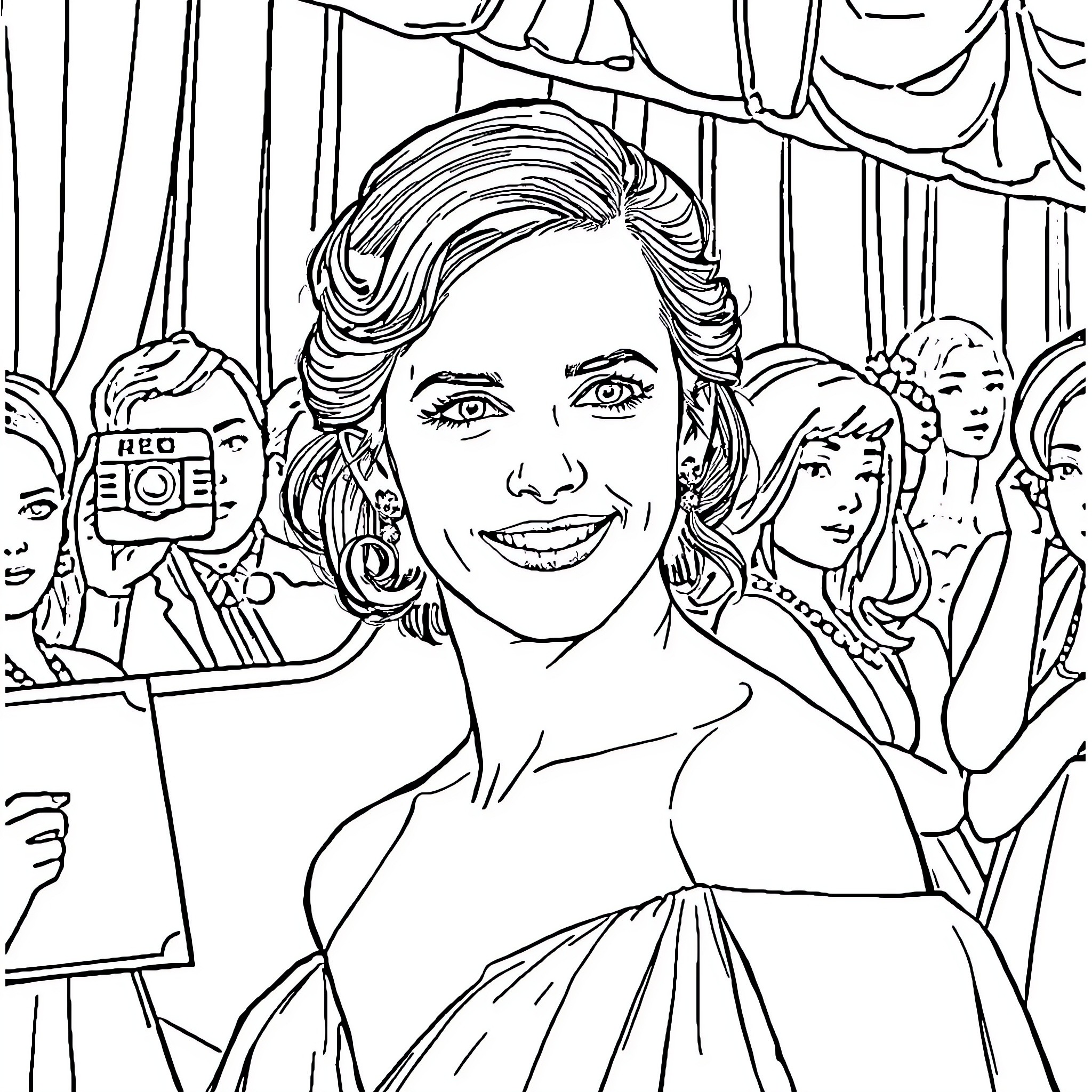 Emma Watson posing for photographers on the red carpet Coloring Page (free black-and-white line drawing printable PDF for all, from beginners to advanced learners, including children, teens, adults, and seniors)