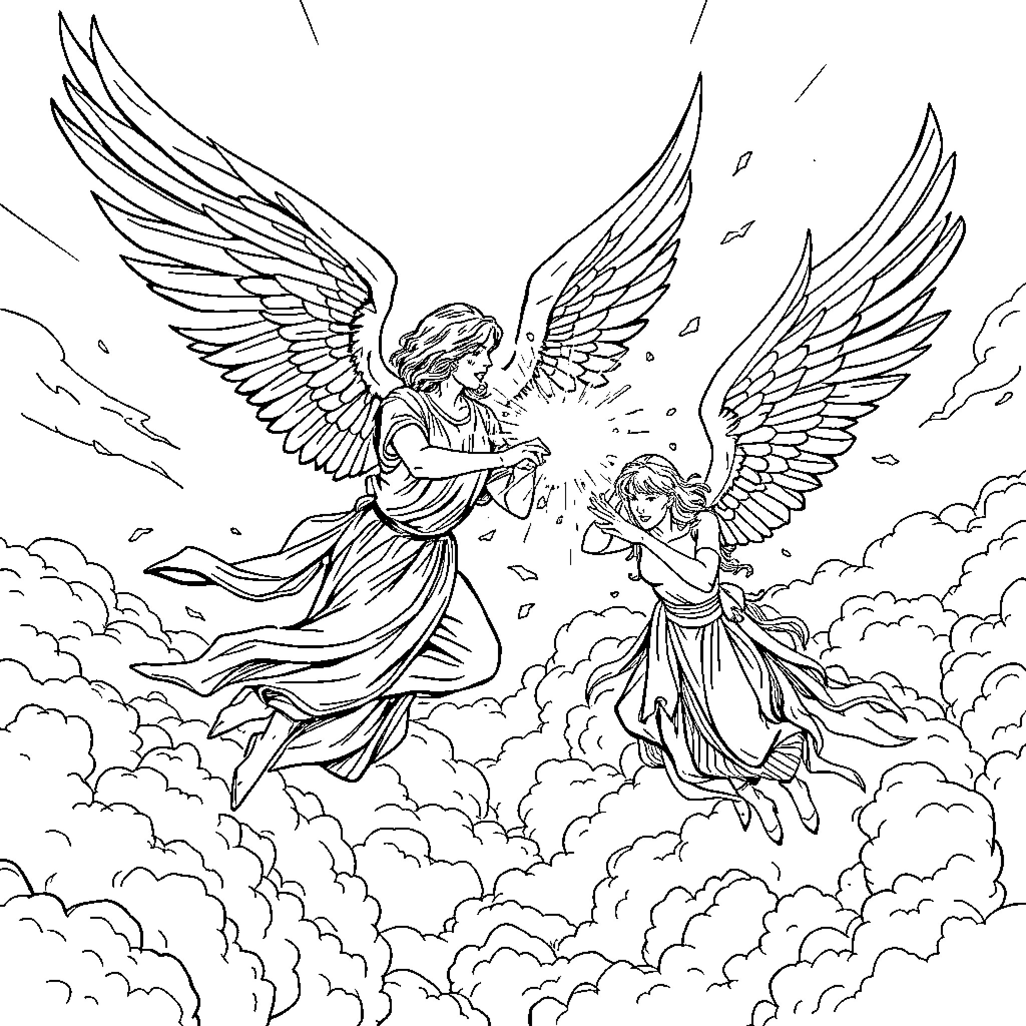 Angel Guardian Protecting Cherubim in Heavenly Cloud Coloring Page (free black-and-white line drawing printable PDF for all, from beginners to advanced learners, including children, teens, adults, and seniors)