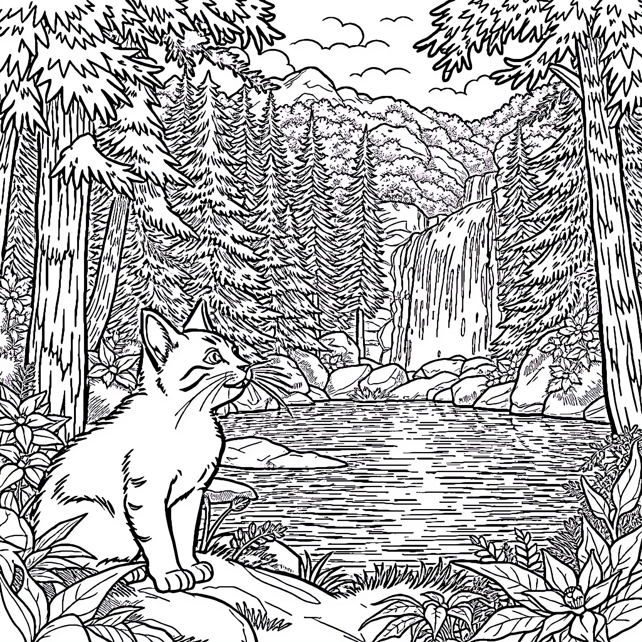 Cat in a Tranquil Forest Landscape Coloring Page (free black-and-white line drawing printable PDF for all, from beginners to advanced learners, including children, teens, adults, and seniors)