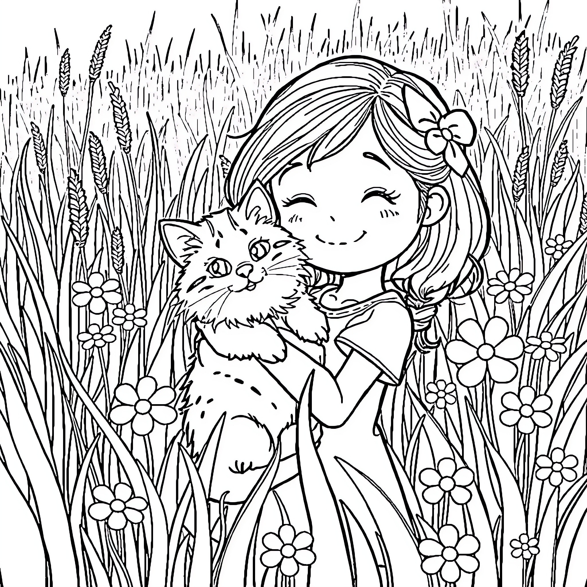 Girl playing with a kitten in a flower field Coloring Page (free black-and-white line drawing printable PDF for all, from beginners to advanced learners, including children, teens, adults, and seniors)