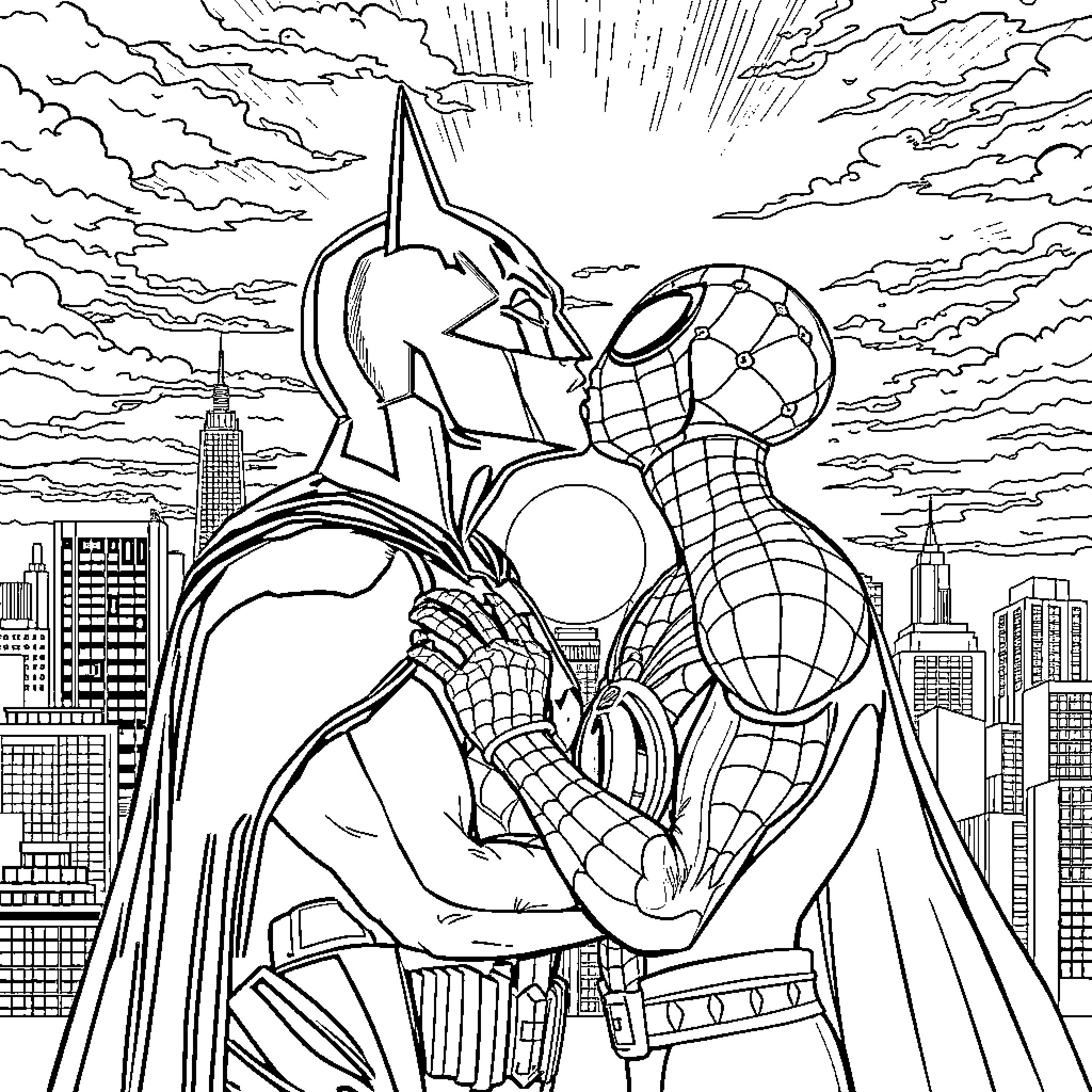 Batman and Spiderman fight crime in the city Coloring Page (free black-and-white line drawing printable PDF for all, from beginners to advanced learners, including children, teens, adults, and seniors)