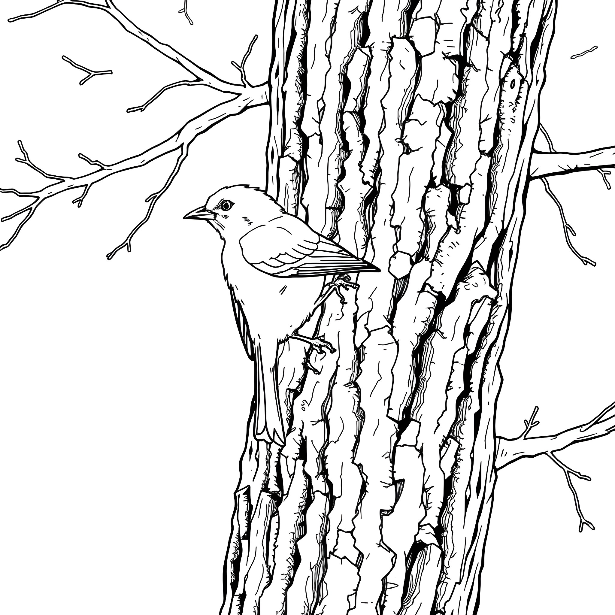 Tanager perched on textured tree trunk Coloring Page (free black-and-white line drawing printable PDF for all, from beginners to advanced learners, including children, teens, adults, and seniors)