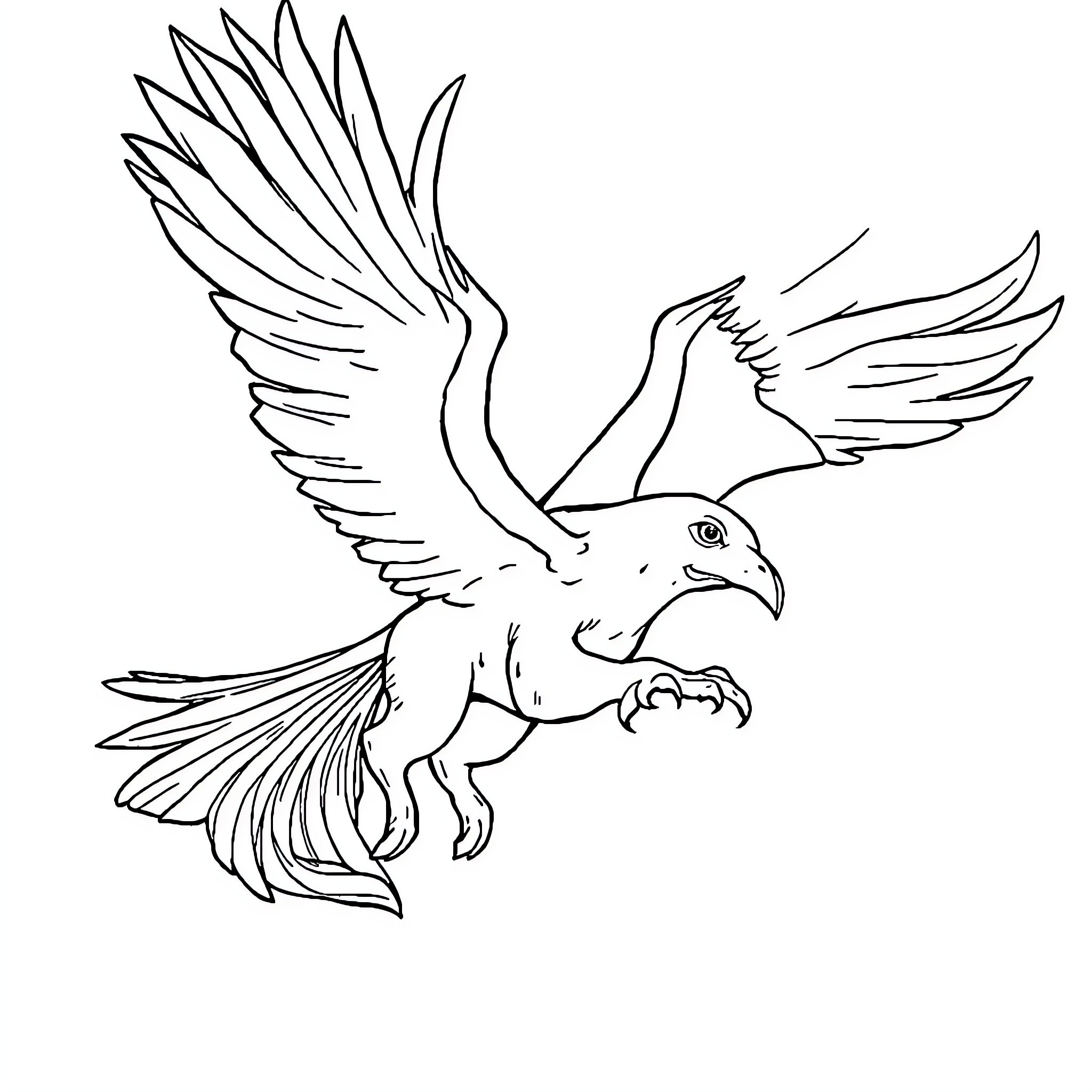 Flying Dog Soaring Gracefully with Outstretched Wings Coloring Page (free black-and-white line drawing printable PDF for all, from beginners to advanced learners, including children, teens, adults, and seniors)