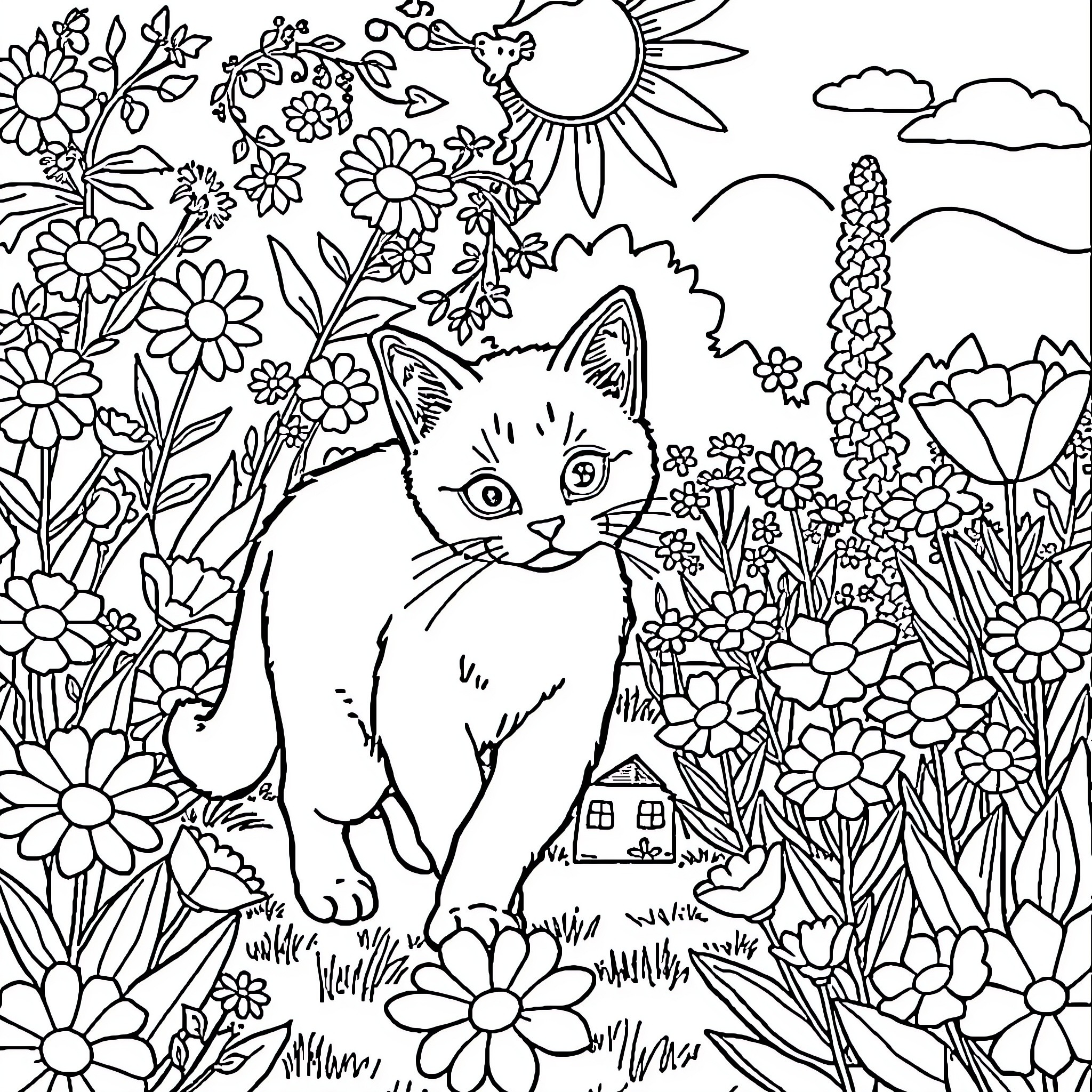Cat in the Floral Garden Coloring Page (free black-and-white line drawing printable PDF for all, from beginners to advanced learners, including children, teens, adults, and seniors)