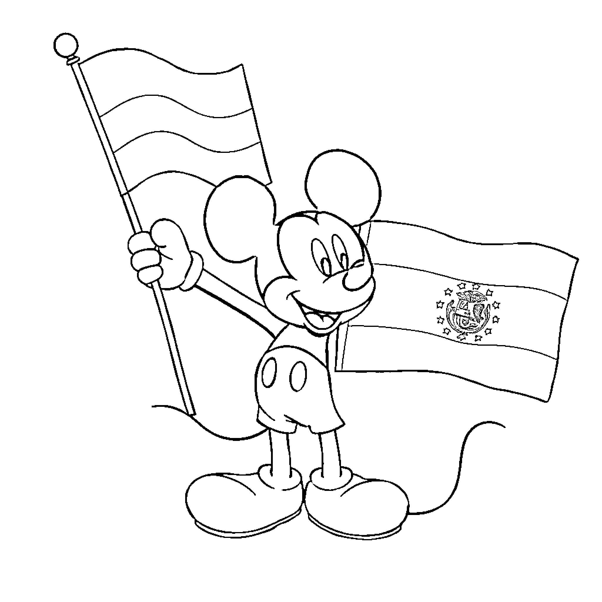 Mickey Mouse waving a patriotic flag Coloring Page (free black-and-white line drawing printable PDF for all, from beginners to advanced learners, including children, teens, adults, and seniors)