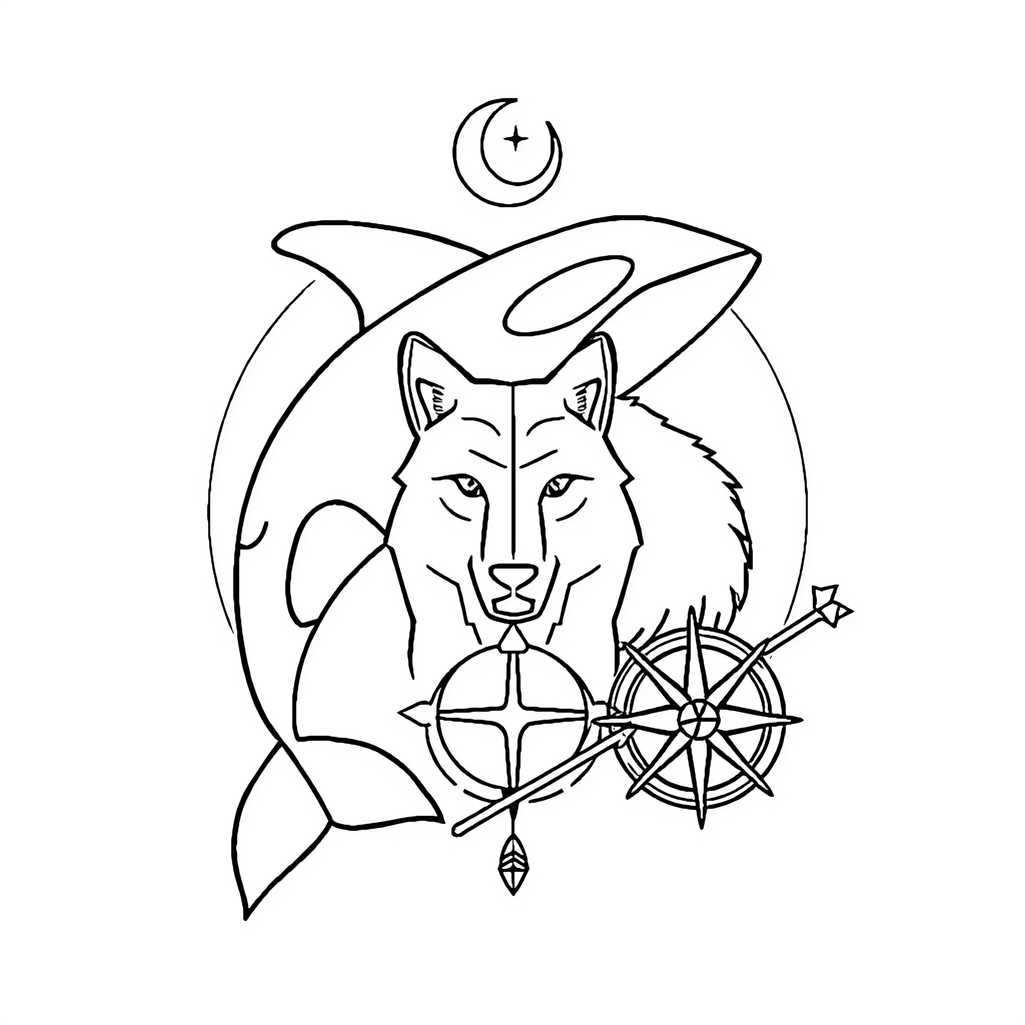 Orca with mystic symbols and wolf Coloring Page (free black-and-white line drawing printable PDF for all, from beginners to advanced learners, including children, teens, adults, and seniors)