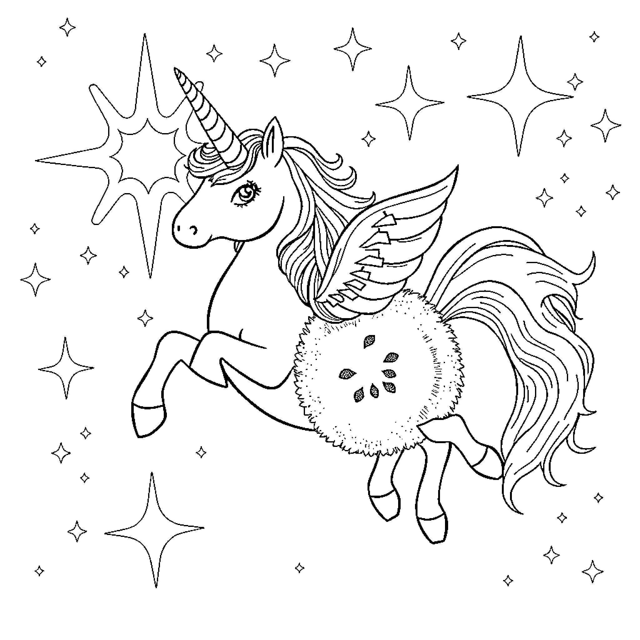 Unicorn flying through a starry night sky Coloring Page (free black-and-white line drawing printable PDF for all, from beginners to advanced learners, including children, teens, adults, and seniors)