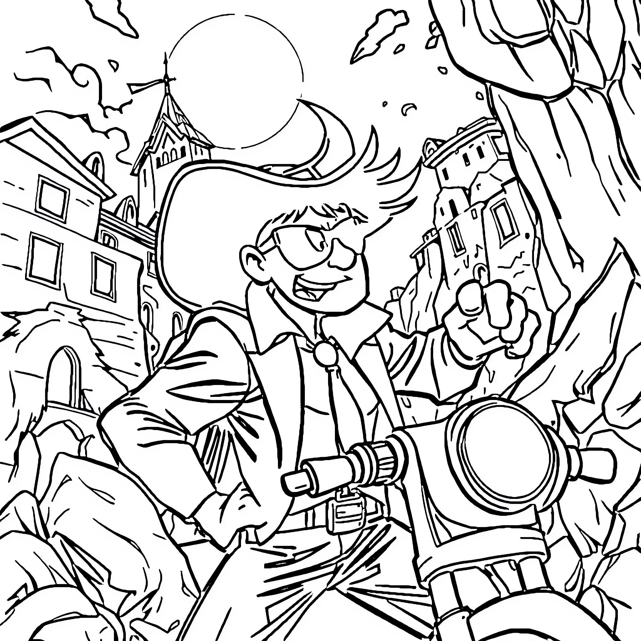 Mr. No's Adventure in a Whimsical World Coloring Page (free black-and-white line drawing printable PDF for all, from beginners to advanced learners, including children, teens, adults, and seniors)